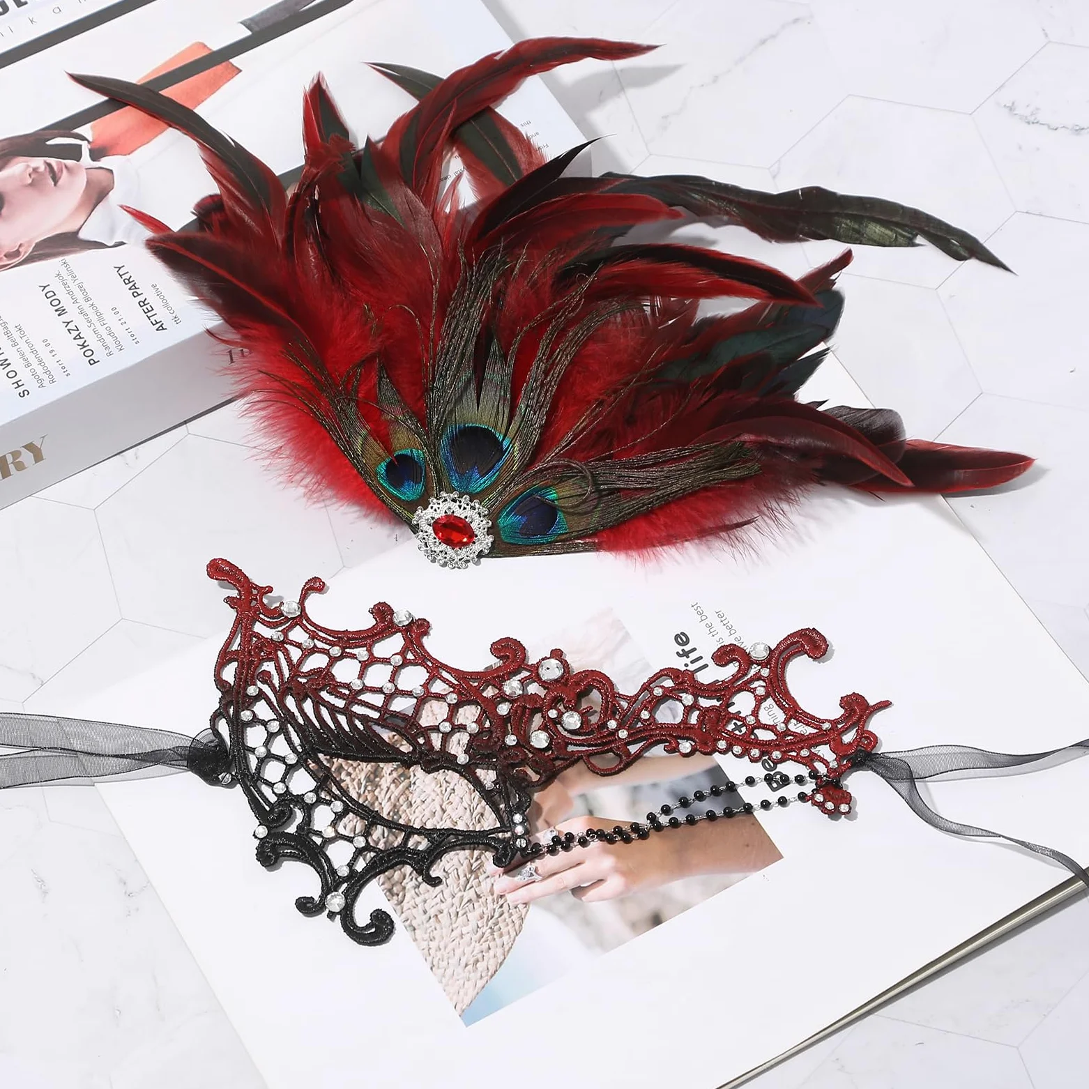 JewelryWe Wenecka monokel maska damska, elegancka maskarada, półmaska z pawimi piórami/strasem, gotycka maska monokelowa, maska jednooczna, kostium na imprezę, karnawał, Halloween, cosplay