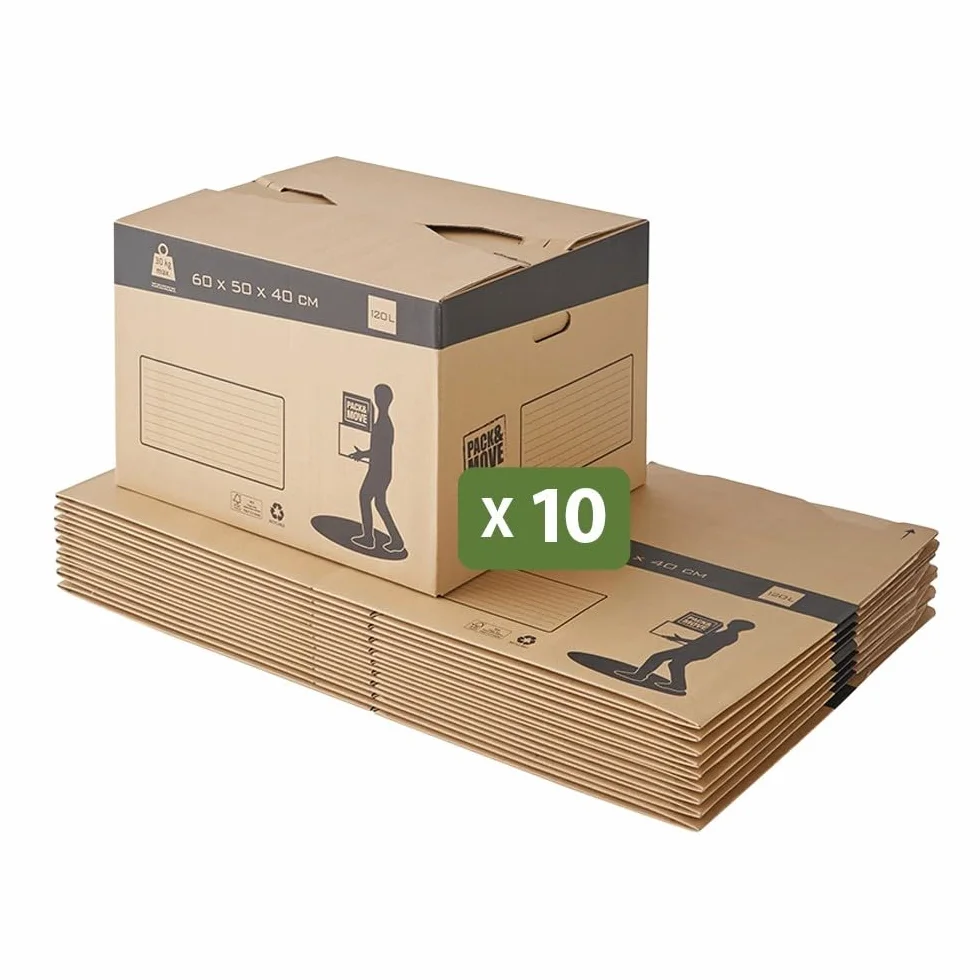 Zestaw 10 kartonów do przeprowadzki z automatycznym dnem - 60x50x40cm - Wyprodukowano we Francji - maksymalne obciążenie 30KG / 120L - certyfikat FSC 70%