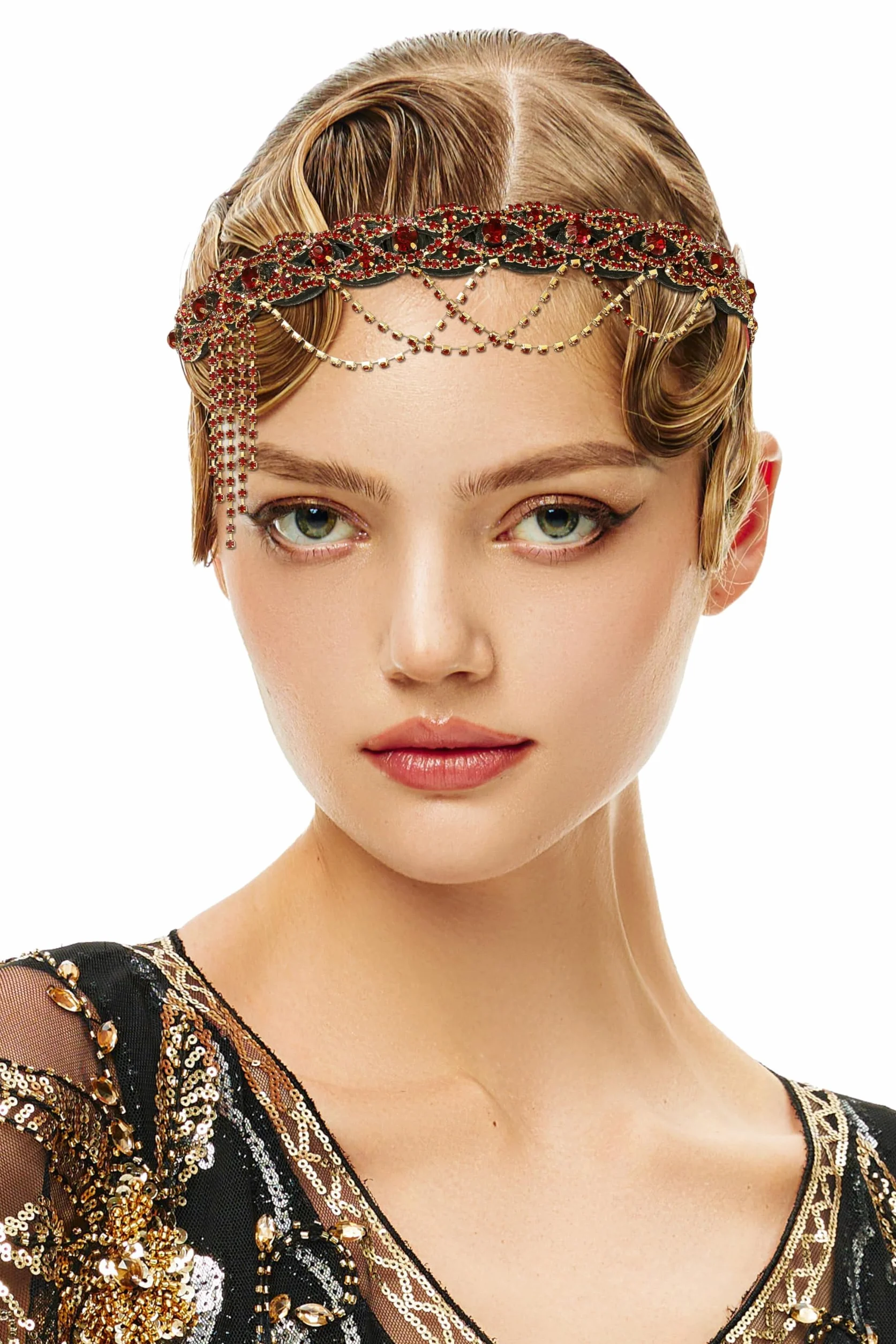 BABEYOND Flapper opaska na czoło Gatsby w stylu lat 20. XX wieku, stras, na wesele, bal absolwentów, opaska na głowę, ozdoba głowy dla kobiet, czerwona