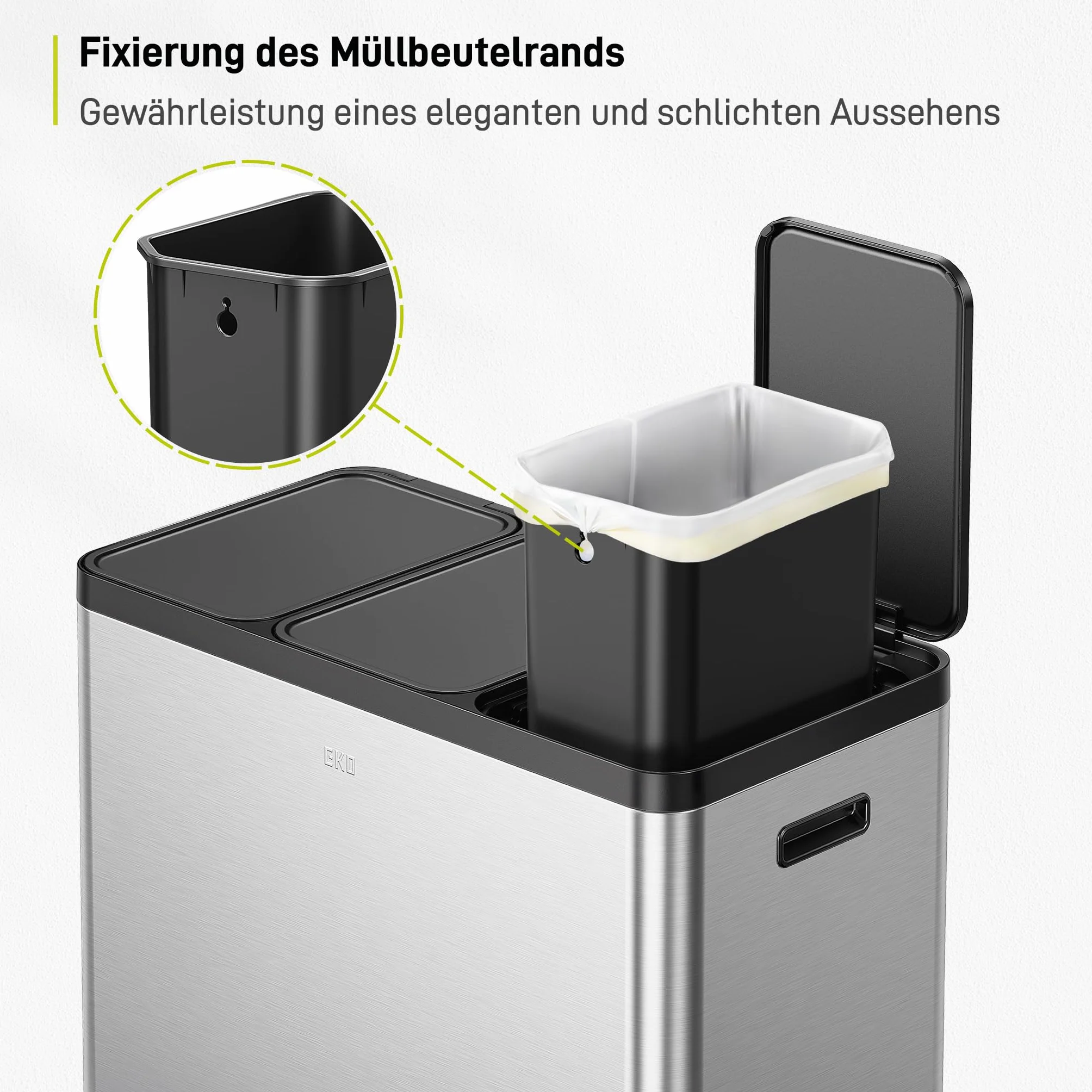 EKO Essential kosz na śmieci z 3 przegródkami, 3 x 20 l, system segregacji śmieci, w zestawie 20 worków na śmieci, duży kosz na śmieci z pokrywką, delikatne zamykanie i hermetyczny, szczotkowana stal