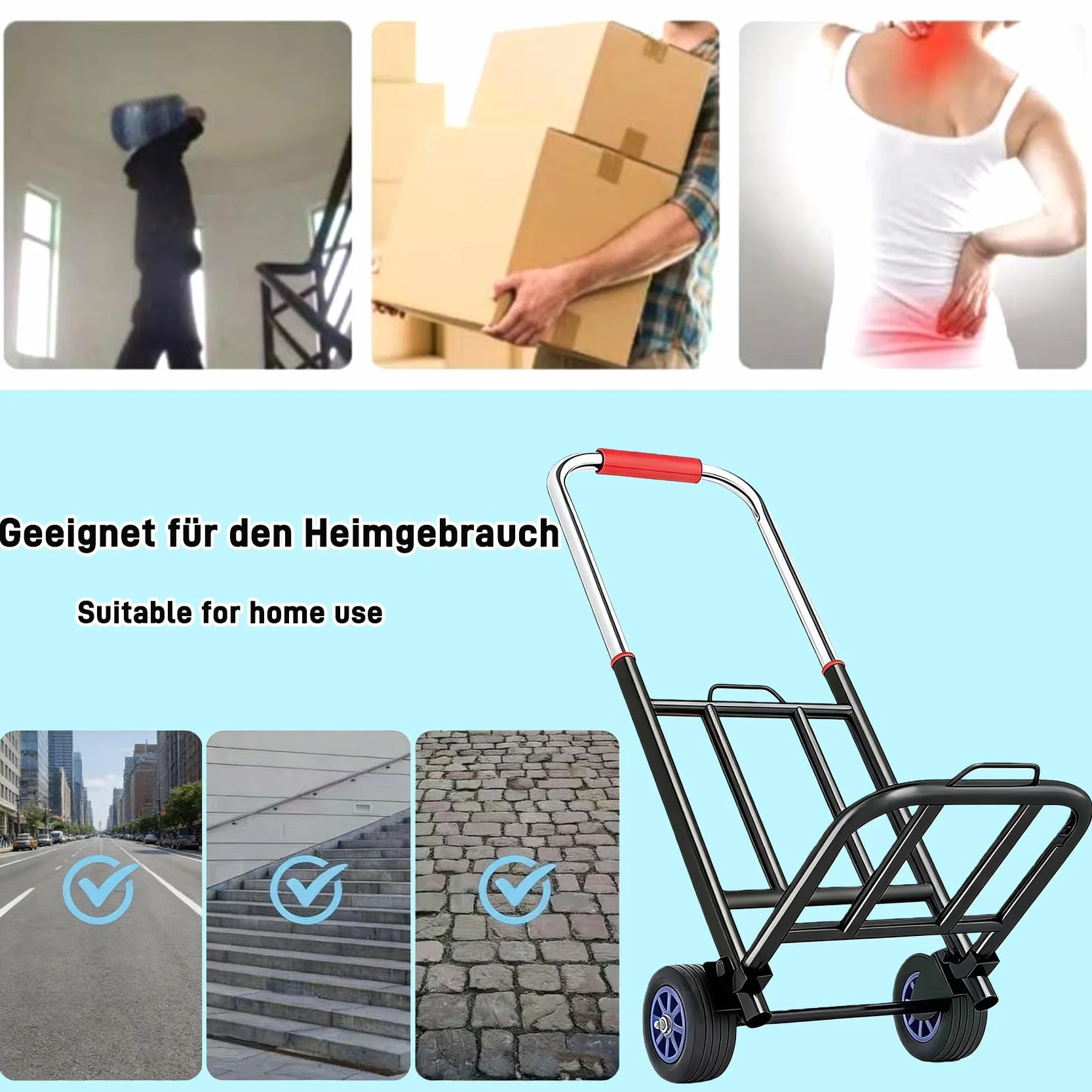 Składany wózek transportowy z nierdzewnej stali & z regulacją wysokości (69-103 cm) – wózek transportowy o udźwigu 80 kg i 10 cm cichych gumowych kół, stabilny i oszczędny pod względem przestrzeni dla