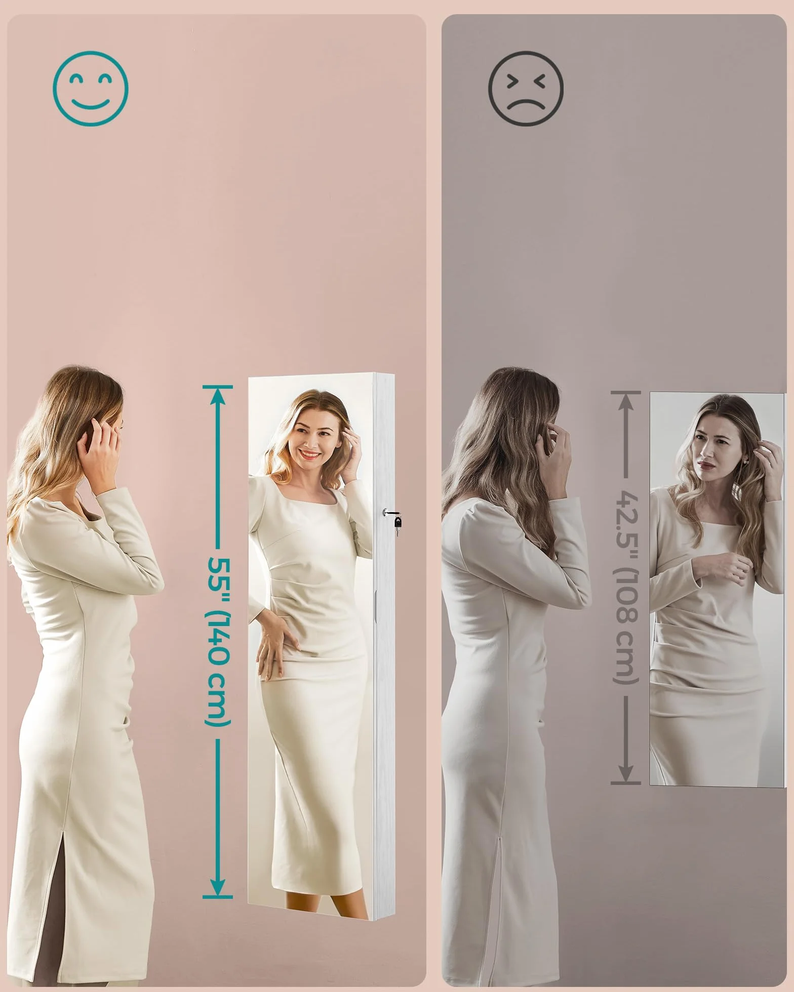SONGMICS Szafka na biżuterię o wysokości 140 cm, organizer na biżuterię z podświetlanym lustrem wewnętrznym, szafka z lustrem montowana na ścianie lub drzwiach, zamykana, pomysł na prezent, chmurowa