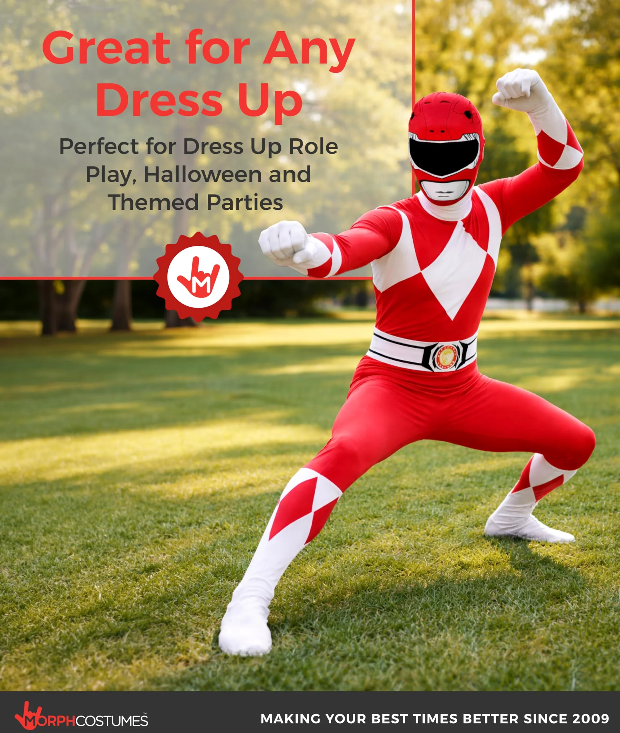 Morphsuits Oficjalny czerwony kostium Power Ranger dla dorosłych - XL (176 cm-185 cm), czerwony, XL