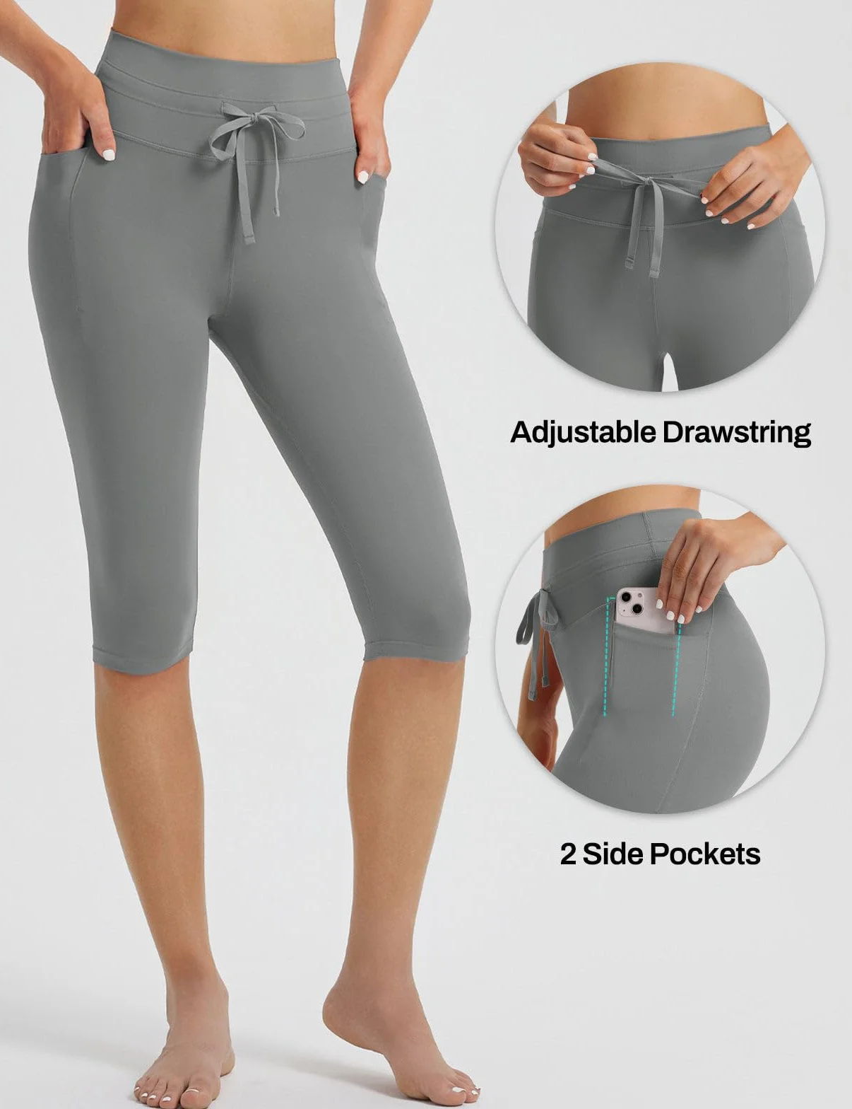 BALEAF Damskie legginsy Capri o długości do kolan, 35 cm, z kieszeniami, troczkami, szorty capri z wysokim stanem