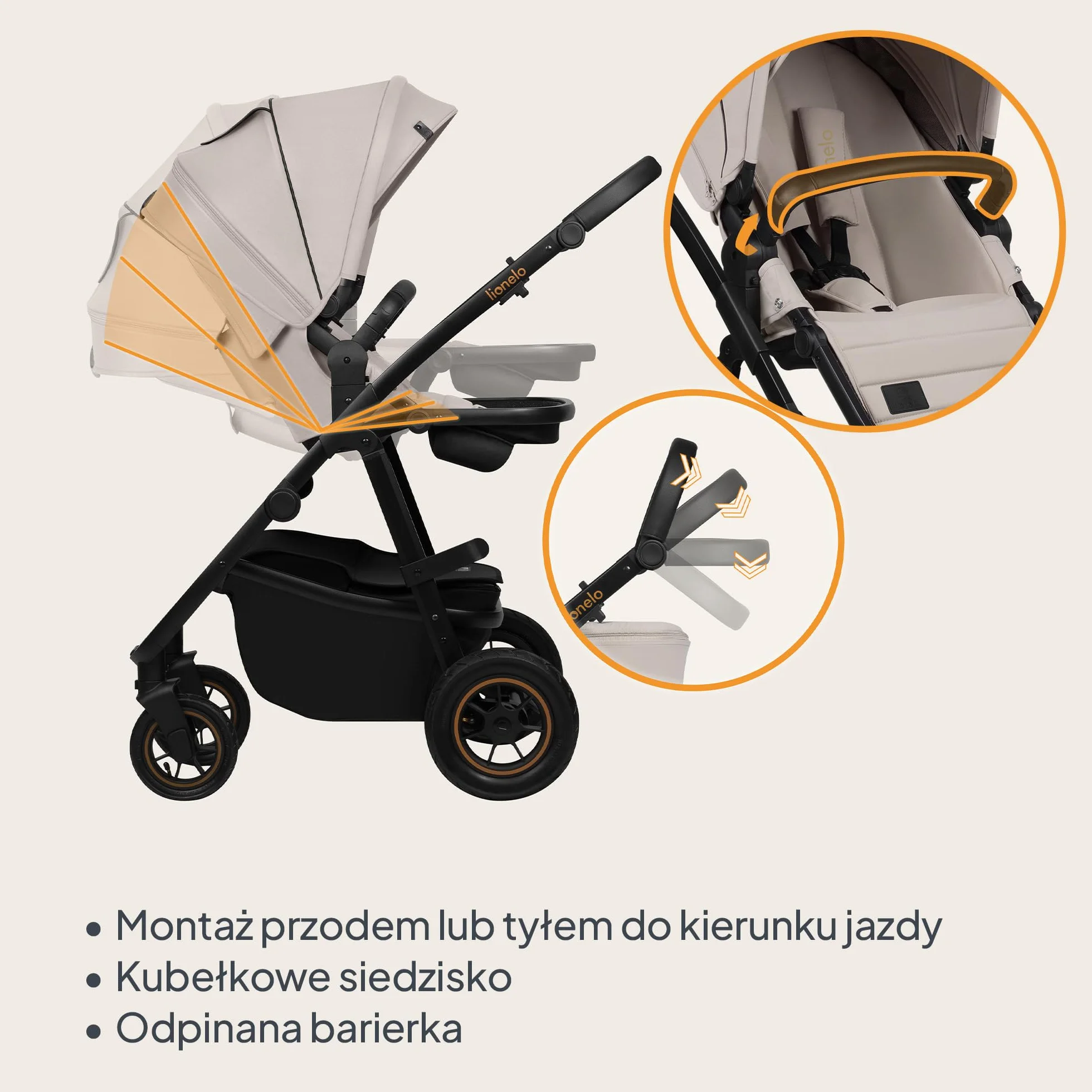 LIONELO AMBER PLUS 3 w 1 Wielofunkcyjny Wózek Dziecięcy od 0 do 4 lat do 22kg z Gondolą XL, Fotelik Samochodowy do 13 kg, Regulacja Oparcia, Duże Terenowe Koła 360o Budka XXL