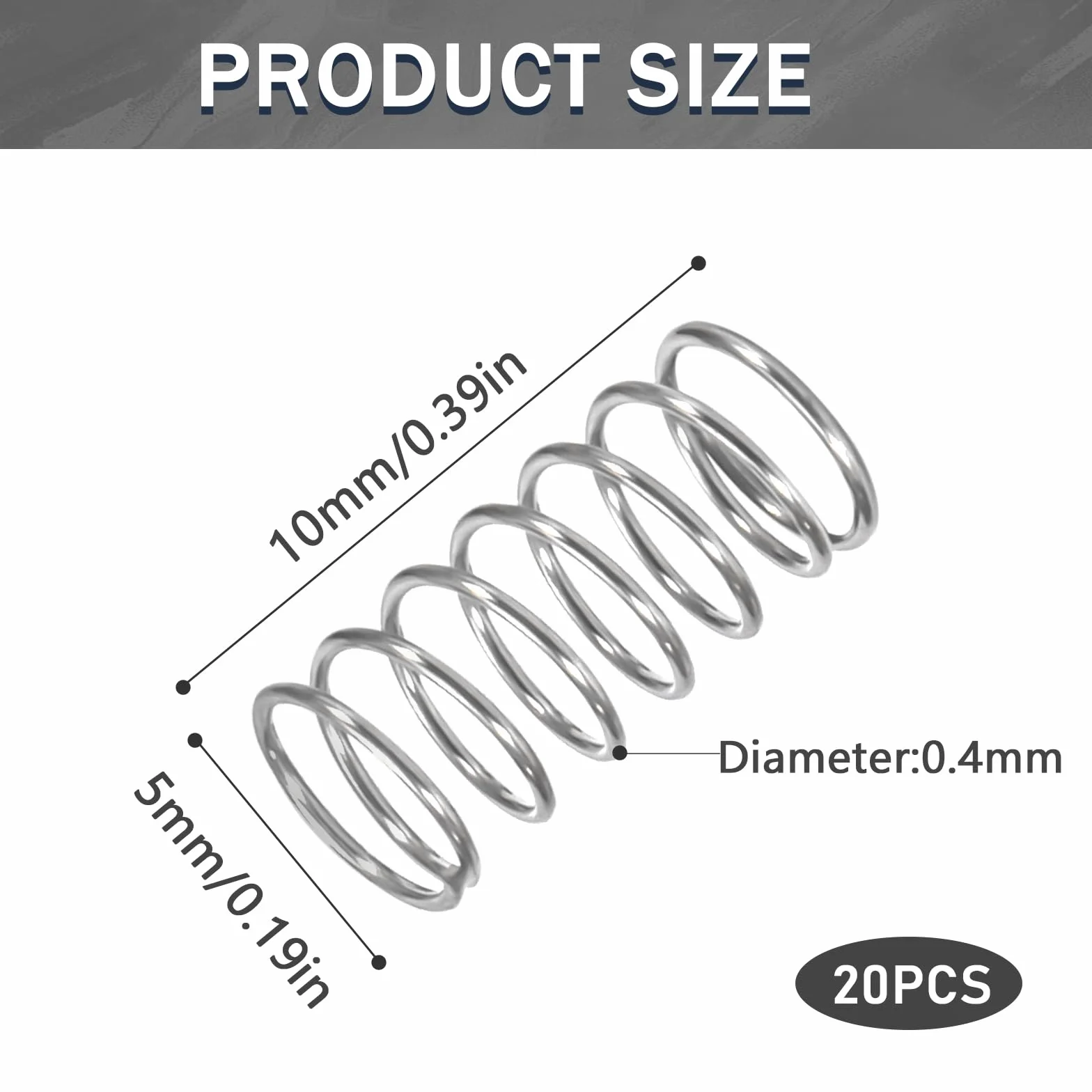 Sprężyna dociskowa ze stali nierdzewnej Sprężyna dociskowa 10mm Średnica drutu 0,4mm Średnica zewnętrzna 5mm Długość 10mm Maksymalna siła sprężyny 0,2kg 20 sztuk