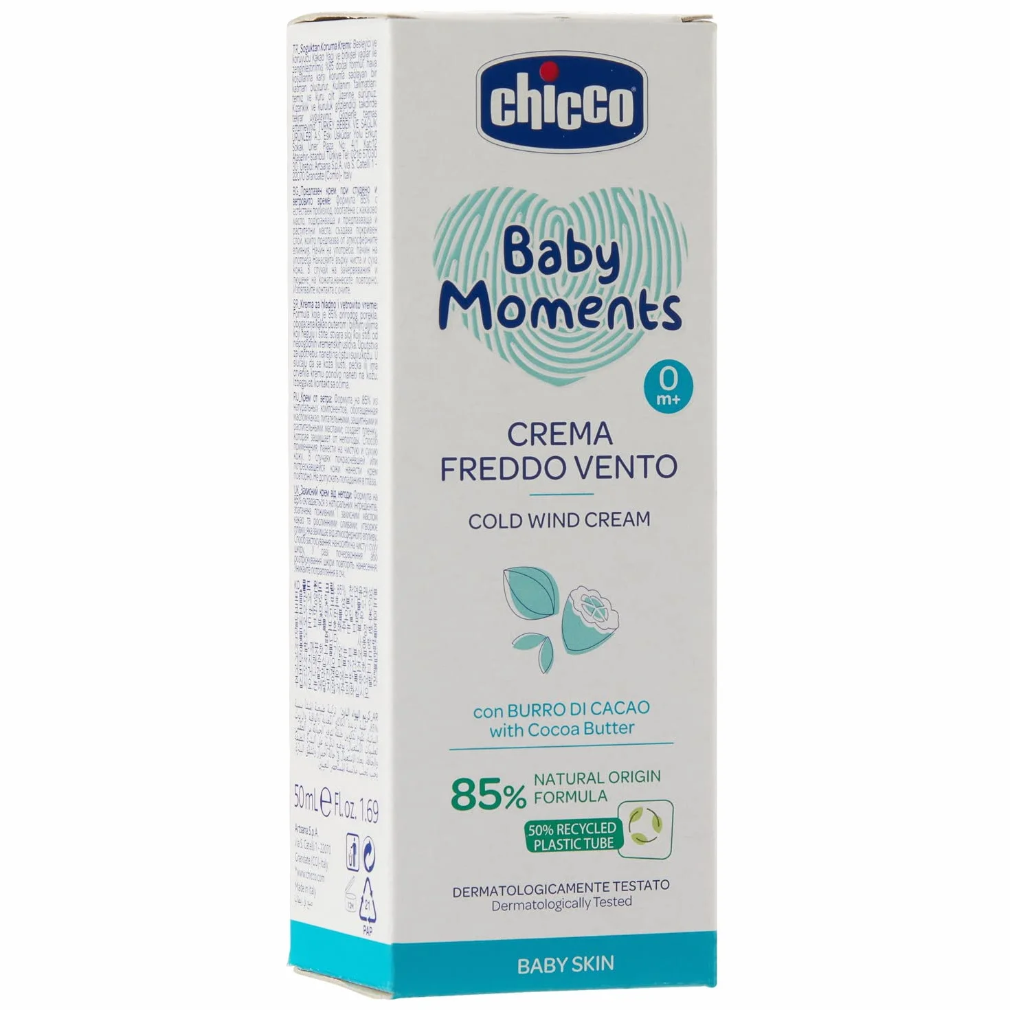 Artsana Chicco Baby Moments krem z zimnym wiatrem z masłem kakaowym i witaminą E, z naturalną formułą, 0+ miesięcy, 50 ml