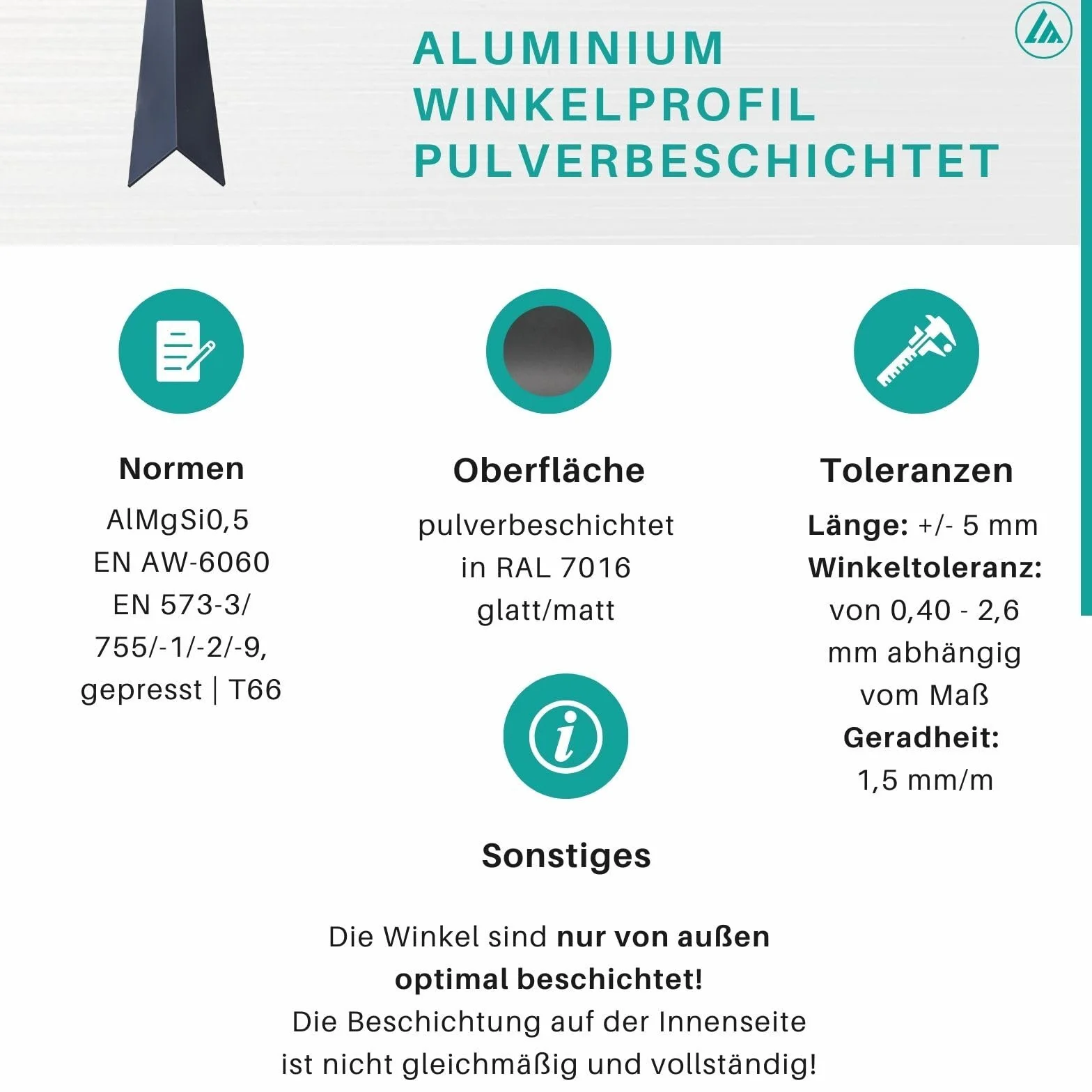Aluminiowy kątownik "powlekany proszkowo" kątownik aluminiowy profil kątowy 10 x 10 x 2 mm || długość: 1000 mm RAL 7016 || antracyt szary