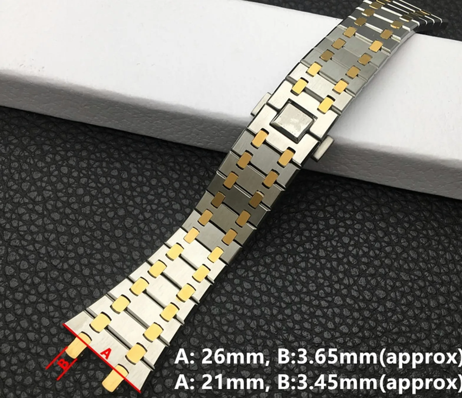 Czarny złoty srebrny pasek do zegarka 21 mm 26 mm mężczyźni kobiety bransoleta do zegarka ze stali nierdzewnej do AP ROYAL dąb składana klamra (kolor: średni złoty pasek, rozmiar: 26 mm)