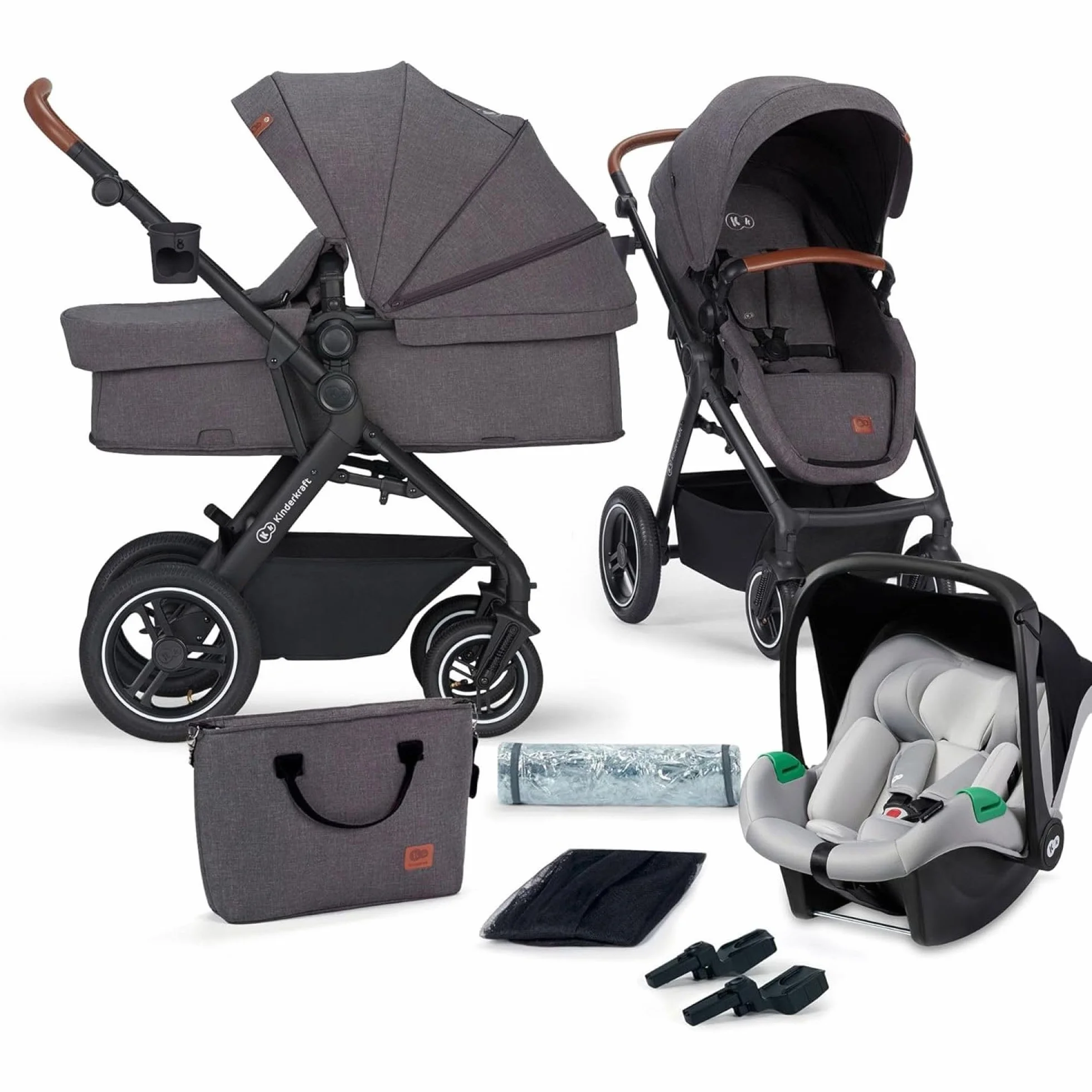 Kinderkraft B-TOUR Wózek dziecięcy Trio Niemowlęta 3 w 1 22 kg, System modułowy, z Ovetto I-size 40-75 cm, Składany, Siedzenie XL, Wodoodporny filtr UPF50+, Pozycja Banna, Szary