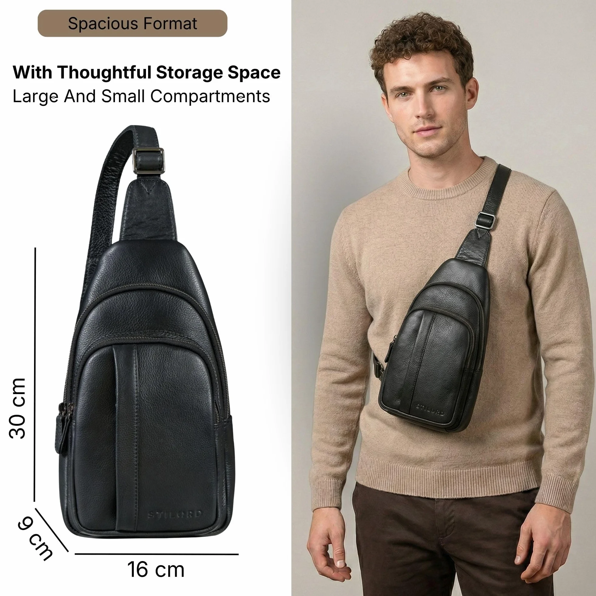 STILORD "Jakob" Duża Skórzana Torba Sling Dla Mężczyzn Saszetka Na Klatkę Piersiową Crossbody Torba Na Ramię Z Karabińczykiem I Kieszenią Antykradzieżową Kolor:czarny