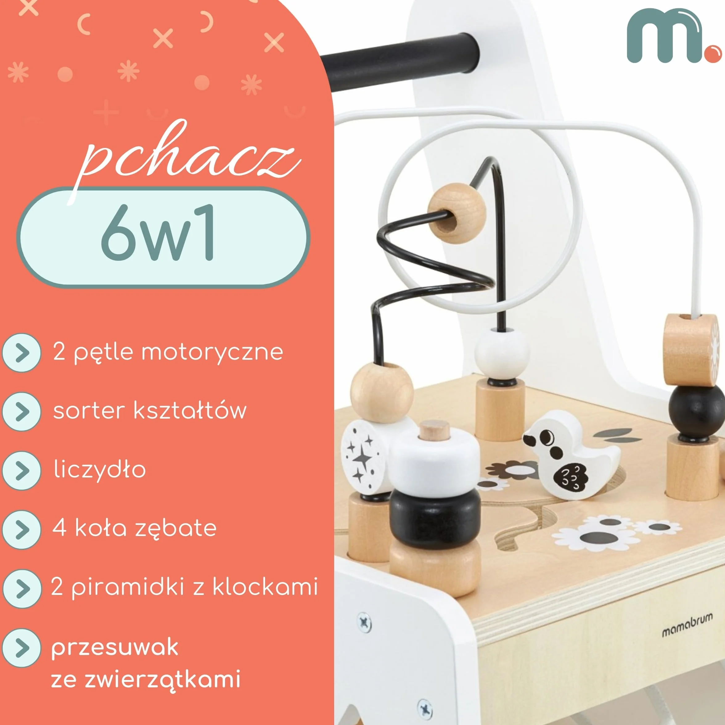 Mamabrum Drewniany Pchacz dla Dzieci 6w1, Chodzik Dziecięcy z Funkcją Stolika Edukacyjnego, Zabawki do Wczesnej Edukacji, Pętla Motoryczna, Liczydło, Sorter, Klocki, Antypoślizgowe Koła biały