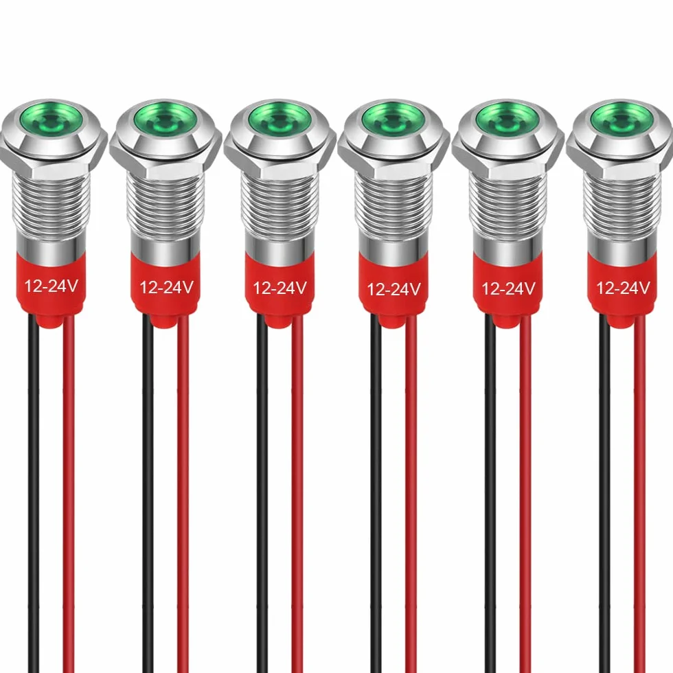 GUUZI 8mm Lampka Kontrolna LED 12-24V Wodoodporna Lampka Sygnalizacyjna Panel Metalowy Wskaźnik LED Lampka Sygnalizacyjna Mocowanie Panelu Głowica Płaska z Przewodami Srebrny Skorupa(Zielony, 6 szt)
