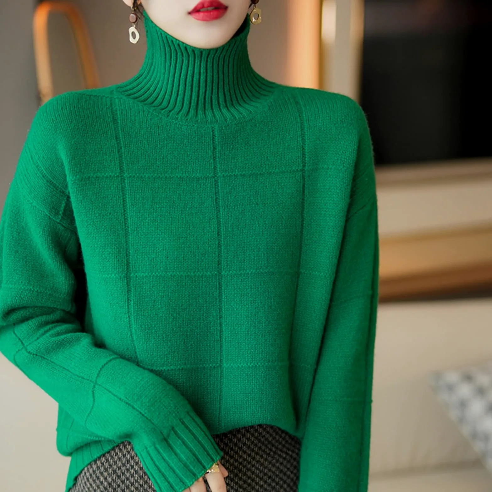 Damskie swetry sweter damski, jesienny i zimowy sweter z golfem, nowa koszulka z dzianiny w tle, 100% top