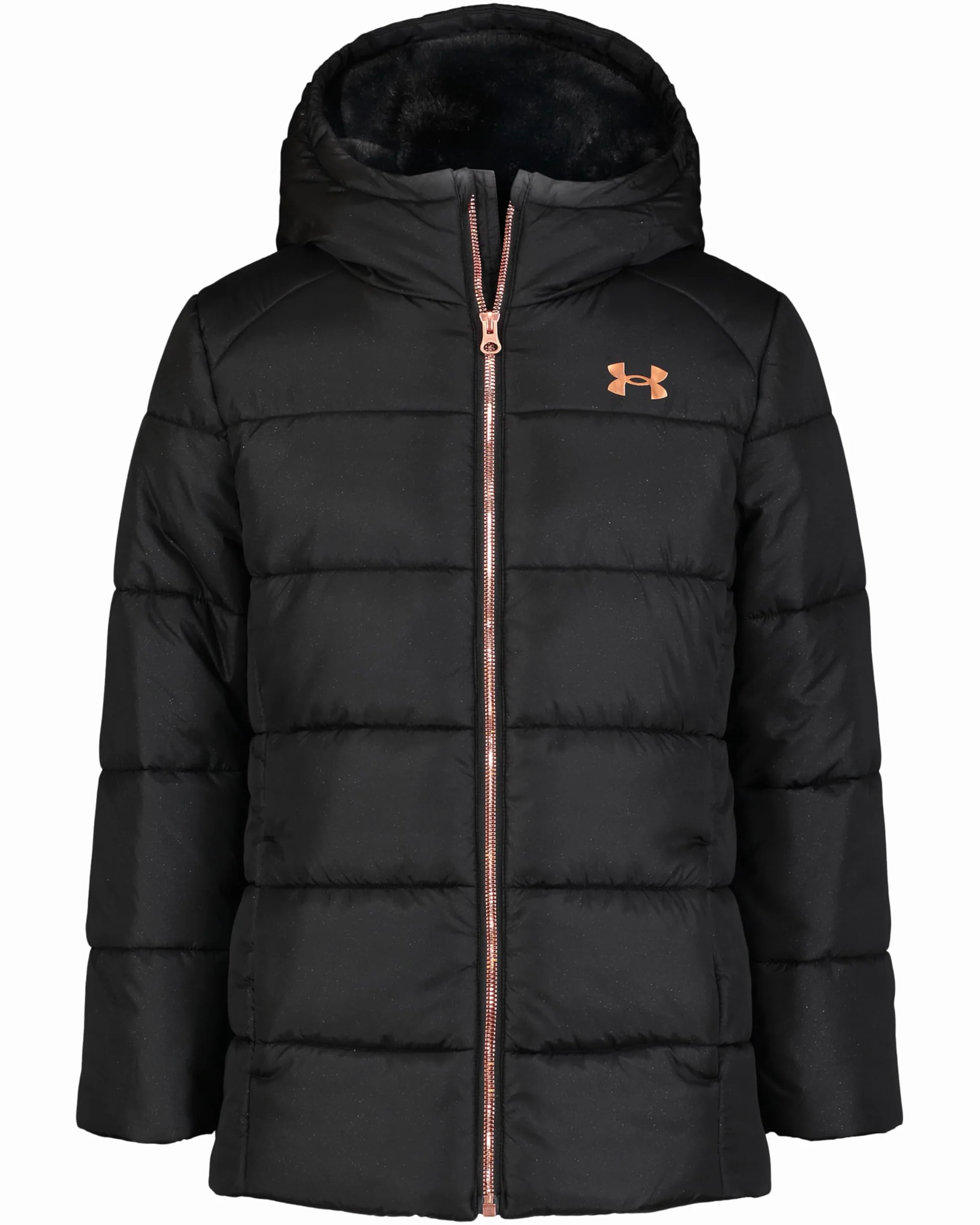 Under Armour Dziewczęca kurtka Parka Willow – najcieplejsza wodoodporna oddychająca kurtka zimowa z podszewką z polaru, pikowana izolacja i kaptur, wiek 6-14 lat, Czarny/złoty, 10-11 Years