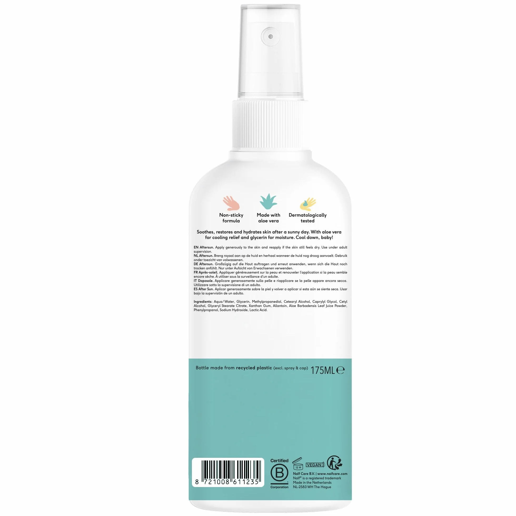 Naiwny chłodzący spray po opalaniu – dla niemowląt i dzieci – uspokaja, chłodzi i nawilża – wegański – bez perfum, 175 ml