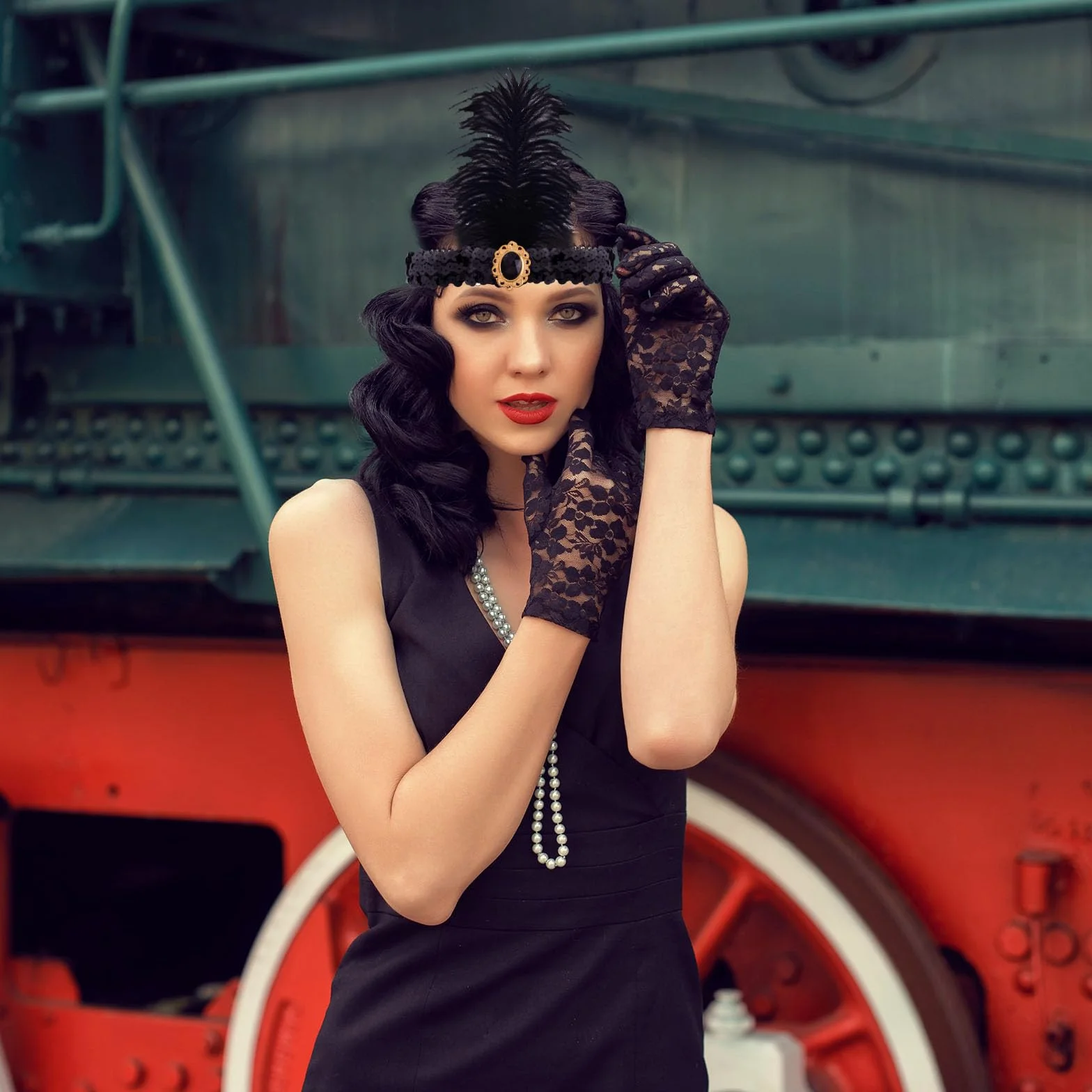 FEPITO 8-częściowy zestaw akcesoriów z piórami Great Gatsby, z motywem lat 20. XX wieku, z opaską na czoło, ozdoba na głowę, długie czarne rękawiczki, naszyjnik, kolczyki dla kobiet (zestaw E)