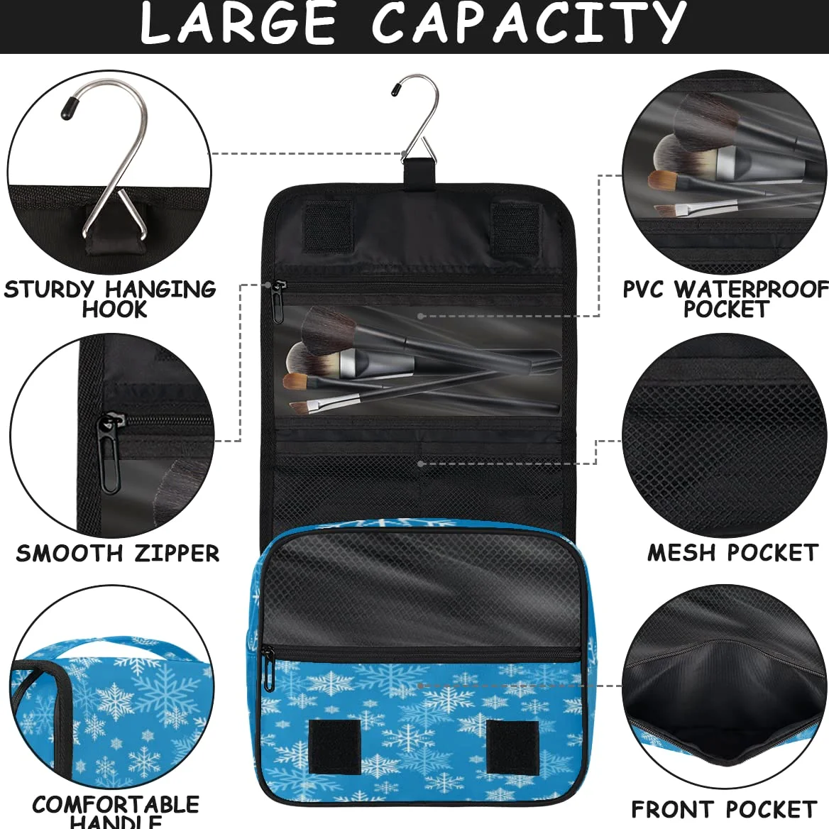 Śnieżynka Podróżna Kosmetyczka Niebieski płatek śniegu Torba do mycia Torba Unisex Wiszące przybory toaletowe Kosmetyczka Organizer do makijażu, wielobarwny, Jeden rozmiar