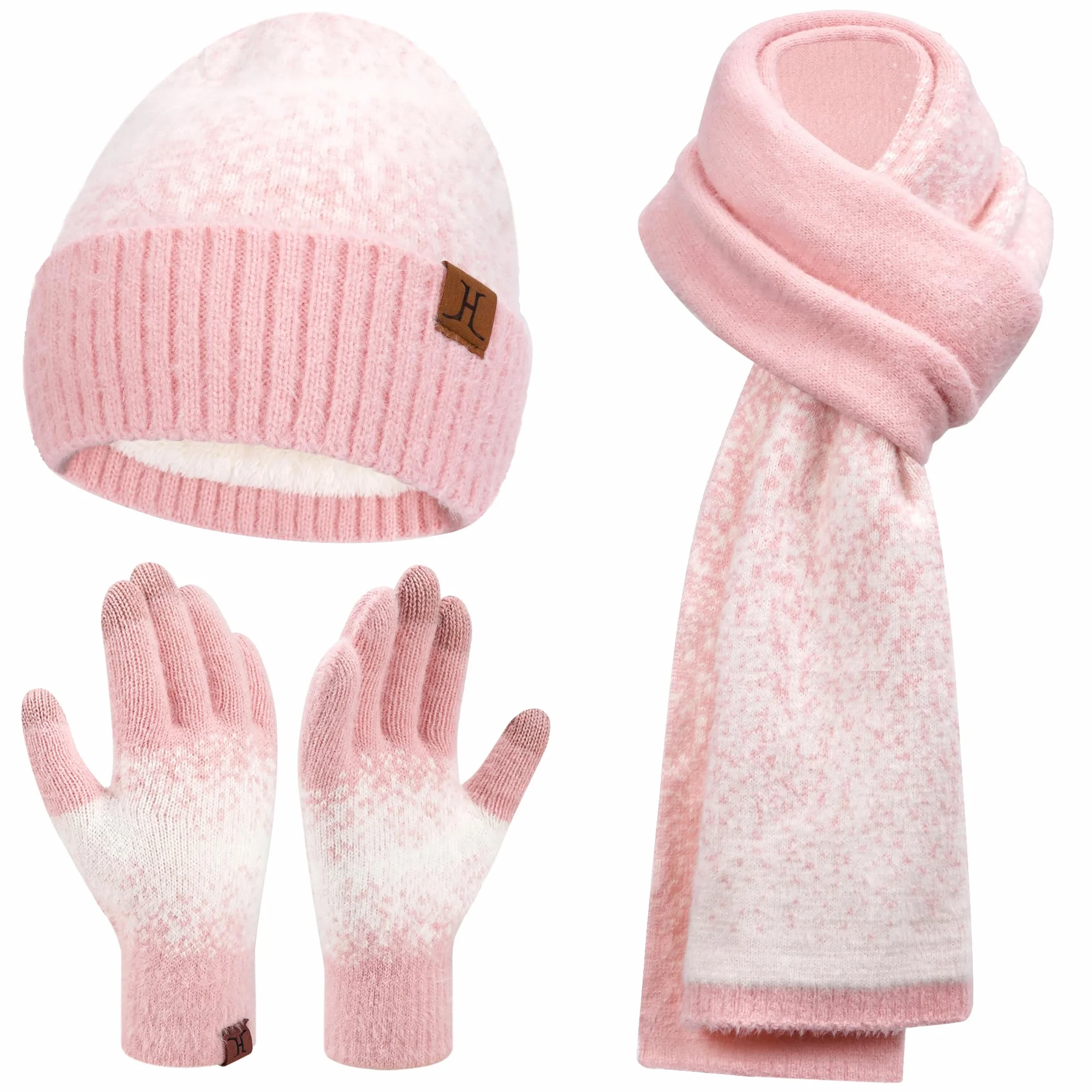 Czapka beanie zimowa damska, rękawiczki i szalik z podszewką polarową, różowo-biały, jeden rozmiar