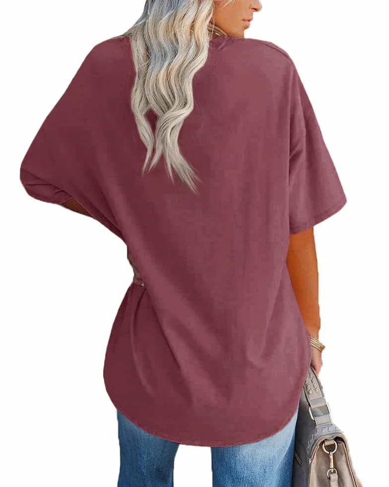 Damskie koszulki oversize bawełniane t-shirty dekolt w serek