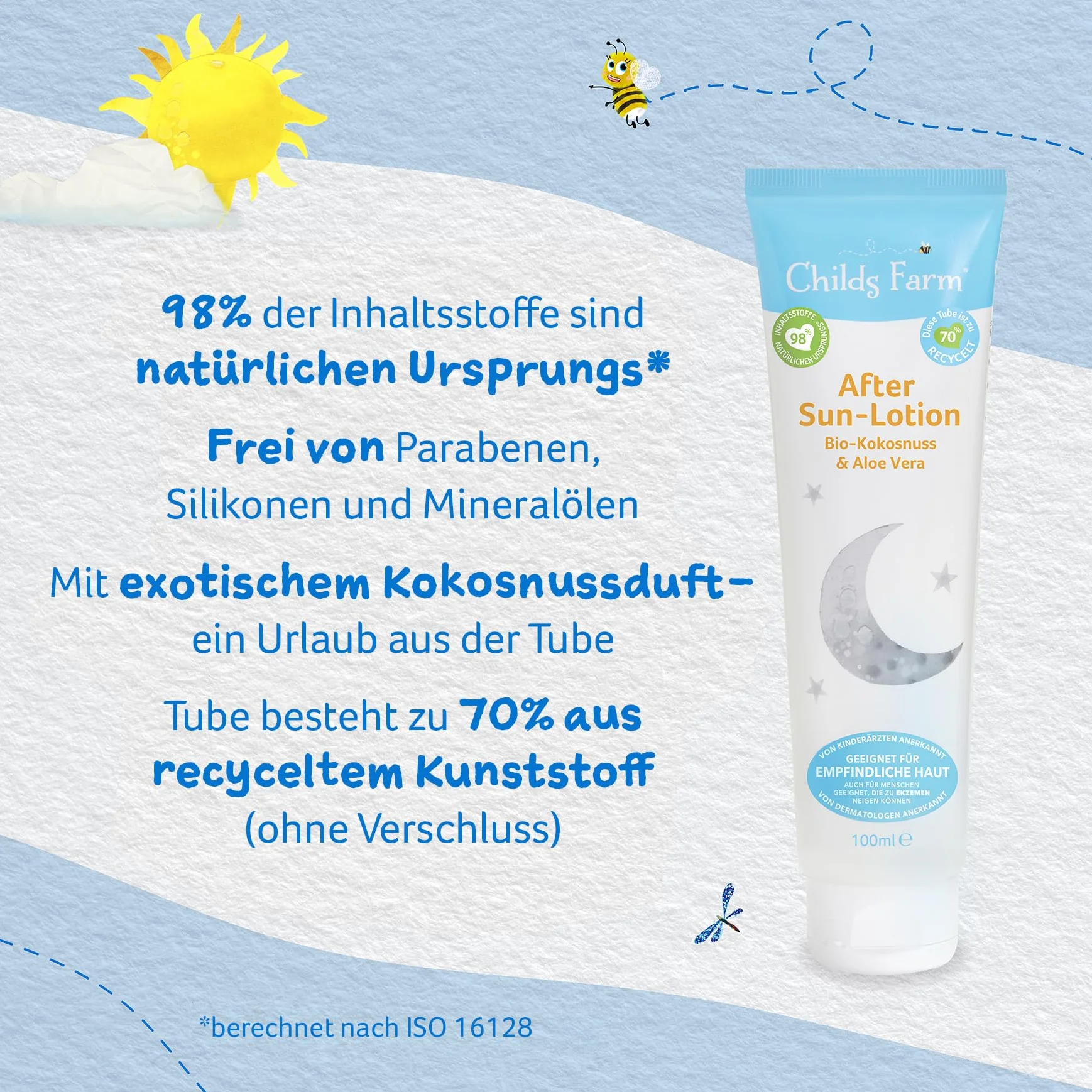 Childs Farm Balsam po opalaniu dla dzieci i niemowląt o zapachu bio-kokosowym, 100 ml, uspokajający i nawilżający, nadaje się do skóry suchej, wrażliwej lub skłonnej do egzemy