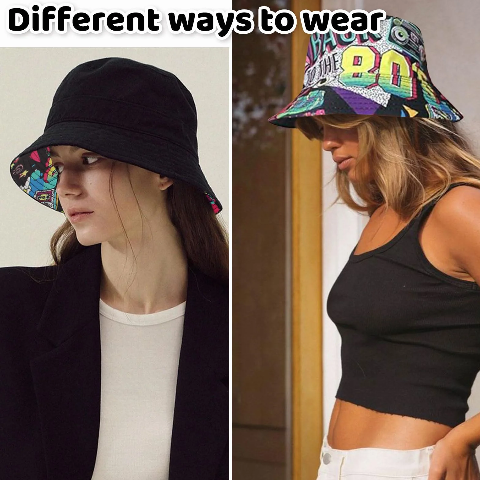 BelleVive Kapelusz typu bucket retro lata 80. 90. modny unisex dwustronny kapelusz rybacki dwustronny kapelusz przeciwsłoneczny pakowalna czapka przeciwsłoneczna lata 90. 80. akcesoria dla kobiet