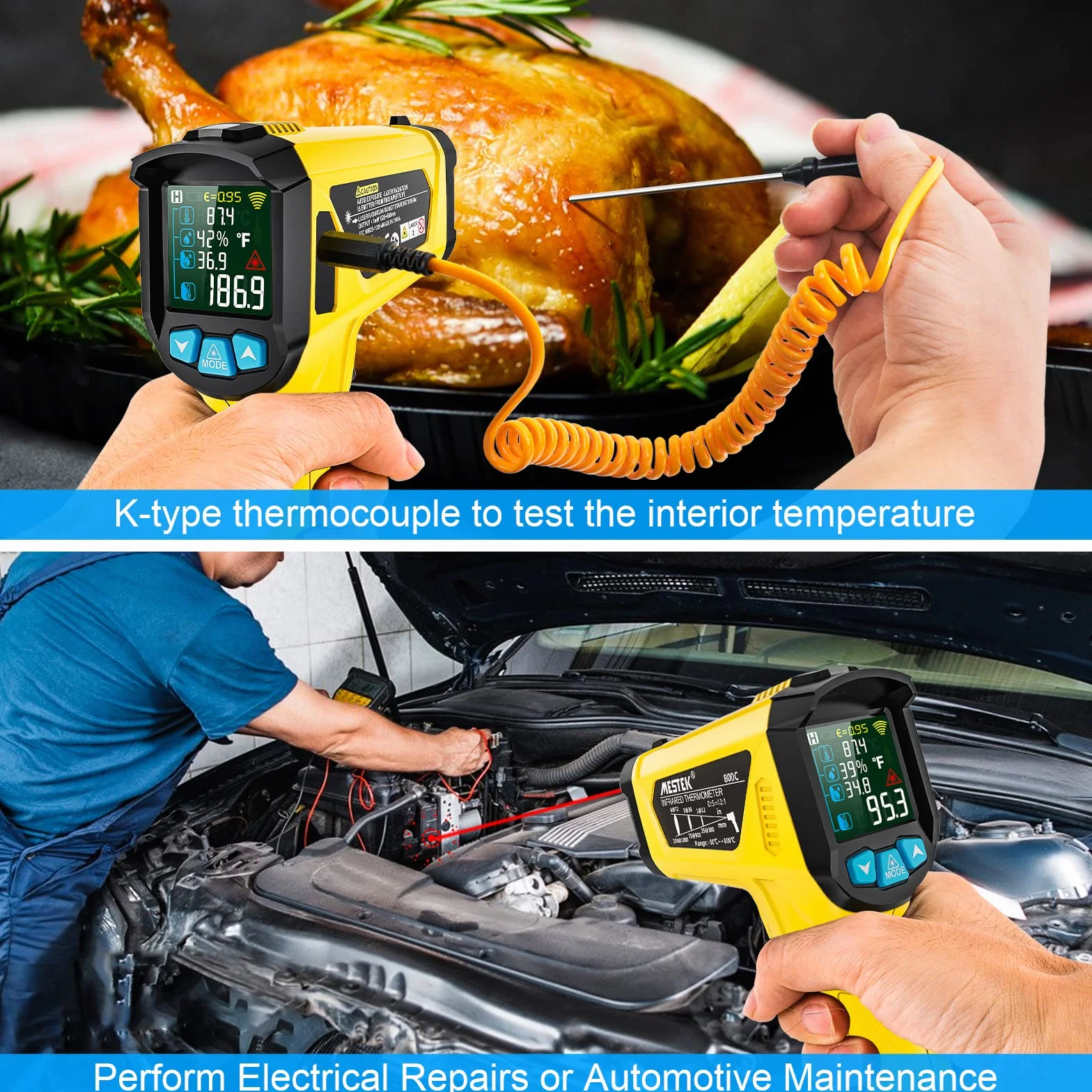 Termometr na Podczerwień Pistolet Cyfrowy Laserowy Temperaturowy z K-Sondą MESTEK Bezdotykowy Kolorowy Ekran LCD 50℃~800℃ Regulowana Emisyjność Wilgotność Gotowanie Piekarnik Grillowania Pizza Lodówka