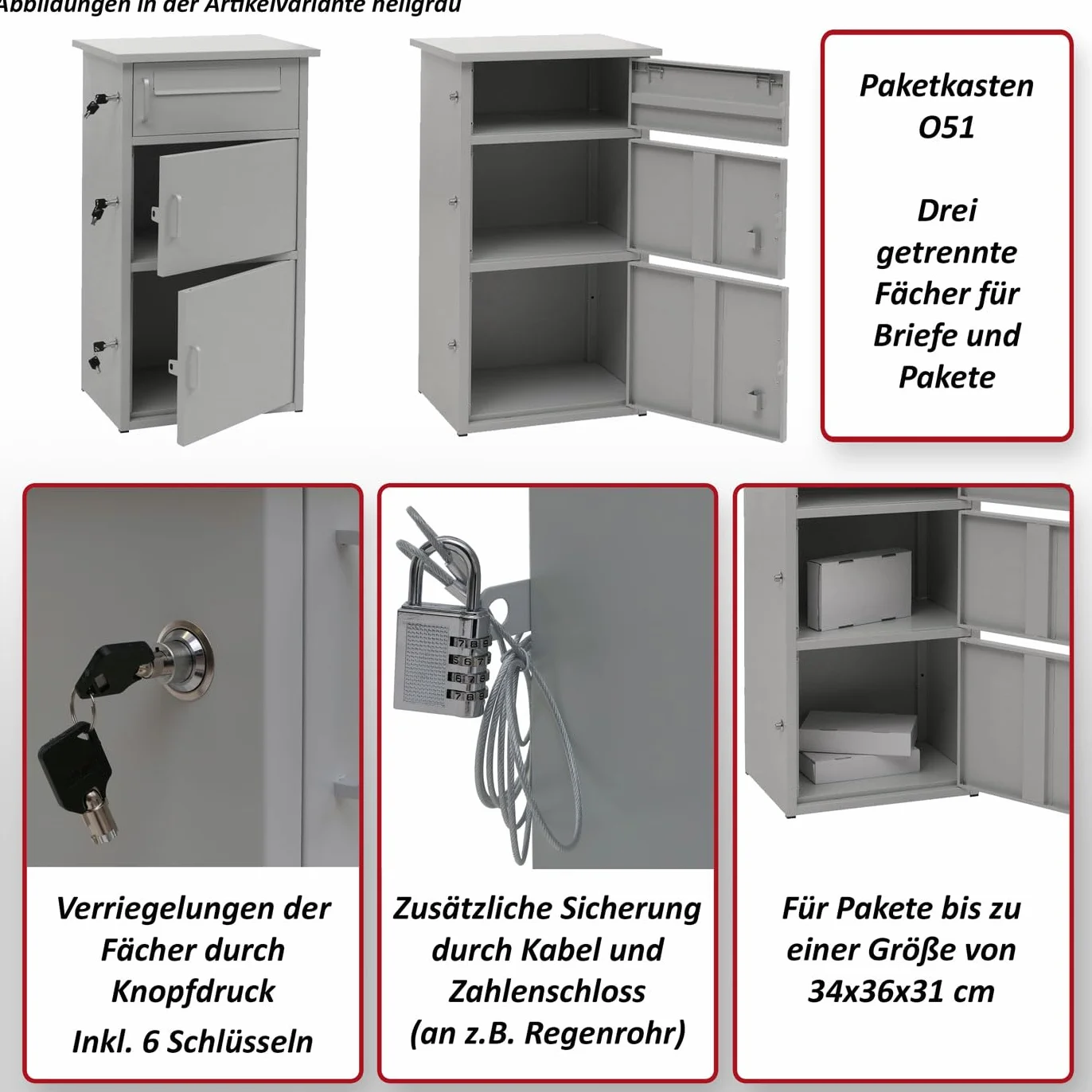 Skrzynka na paczki HWC-O51, skrzynka na paczki, 3 przegródki, stal 89 x 49 x 38 cm, ciemnoszara/jasnoszara
