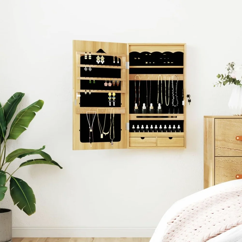 Szafka na biżuterię z lustrem montaż ścienny 37,5 x 10 x 67 cm, zamykana szafka z lustrem z 2 szufladami, hakami i półkami z materiału drewnopochodnego, w zestawie 2 klucze