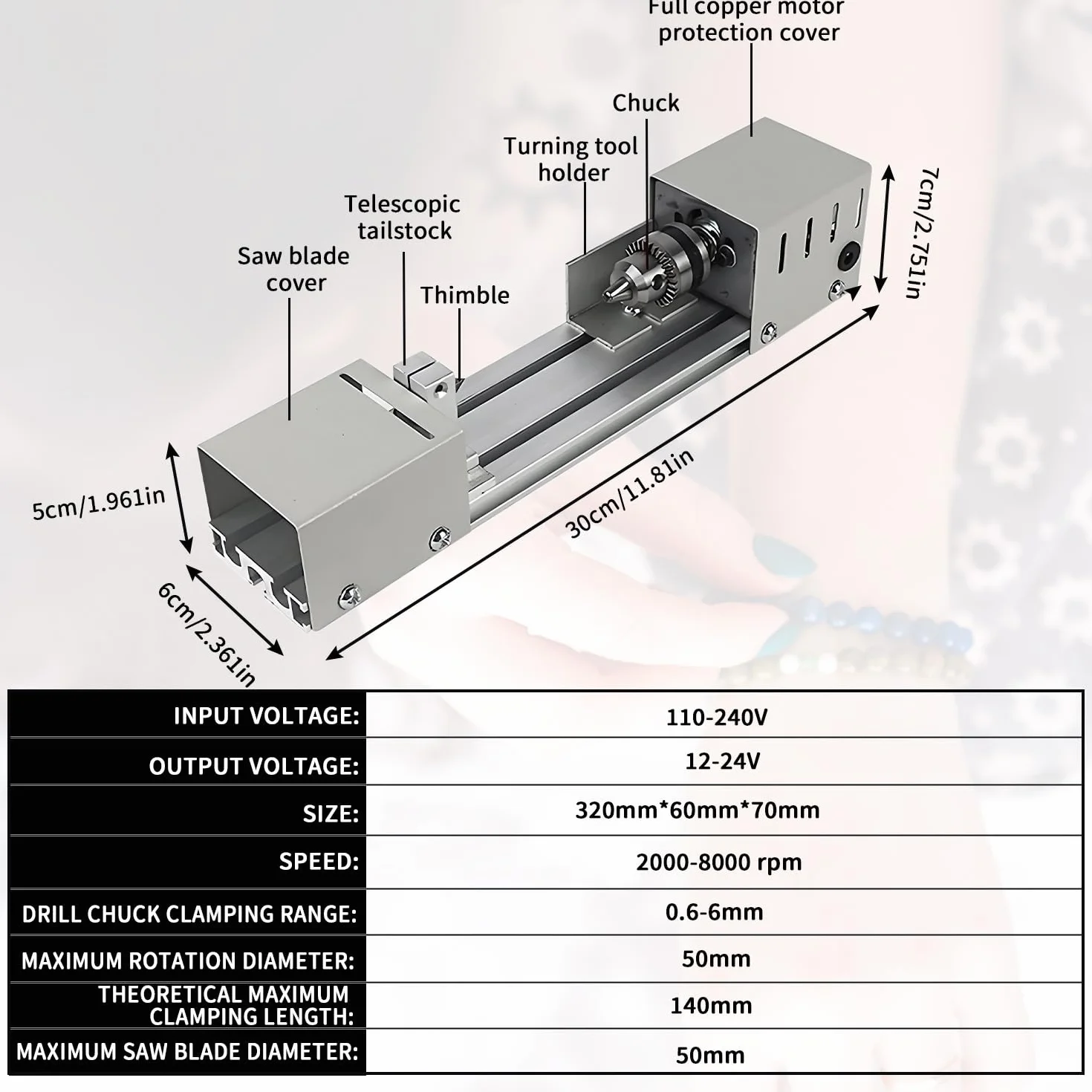 Mini tokarka 125 W, 2000 – 8000 obr./min, metalowa mała tokarka z 7-biegową regulacją, zakres zacisku od 0,02 do 0,24 cala, tokarka metalowa do obrotów, rowków, szlifowania