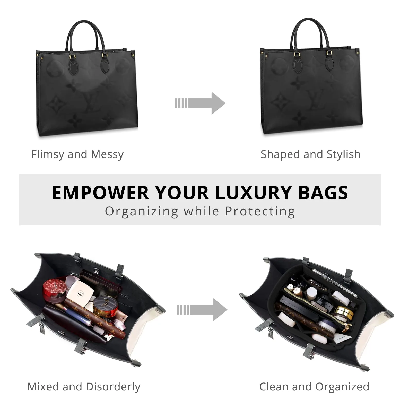 OPPOSHE Organizer do torebki, zmiękczony filcowy organizer do torby, organizer do torebki, kompatybilny z LV, Coach, MK, Kate Spade, Goyard, Longchamp...