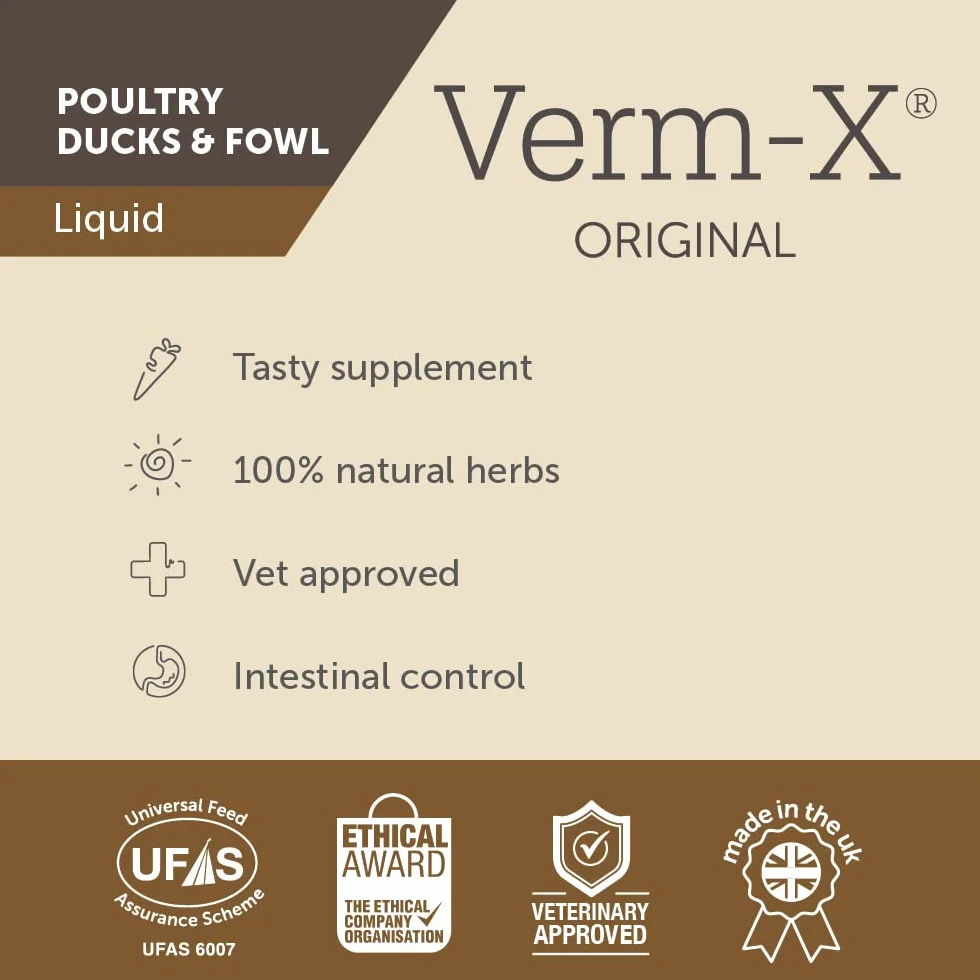 Verm-X Płyn do drobiu, 250 ml. Zamiast chemicznych kuracji dla kur, gęsi, kaczek itd. Naturalna kontrola wewnętrznych pasożytów o sprawdzonej recepturze Verm-X.