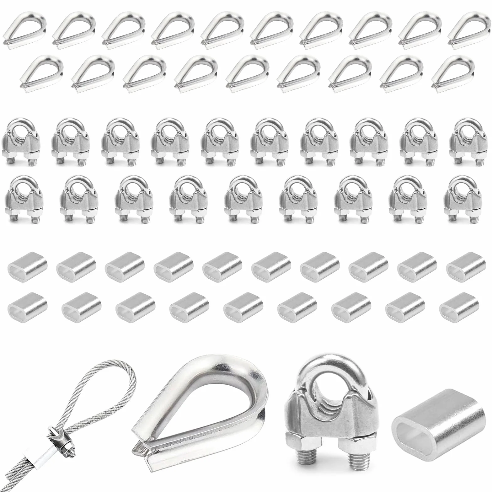 20 sztuk zacisków linowych M3, zaciski linowe 3 mm stal nierdzewna 304 z 20 tulejami aluminiowymi i 20 klamrami zacisków linowych do liny stalowej, do linki stalowej, napinacza do bielizny, markizy