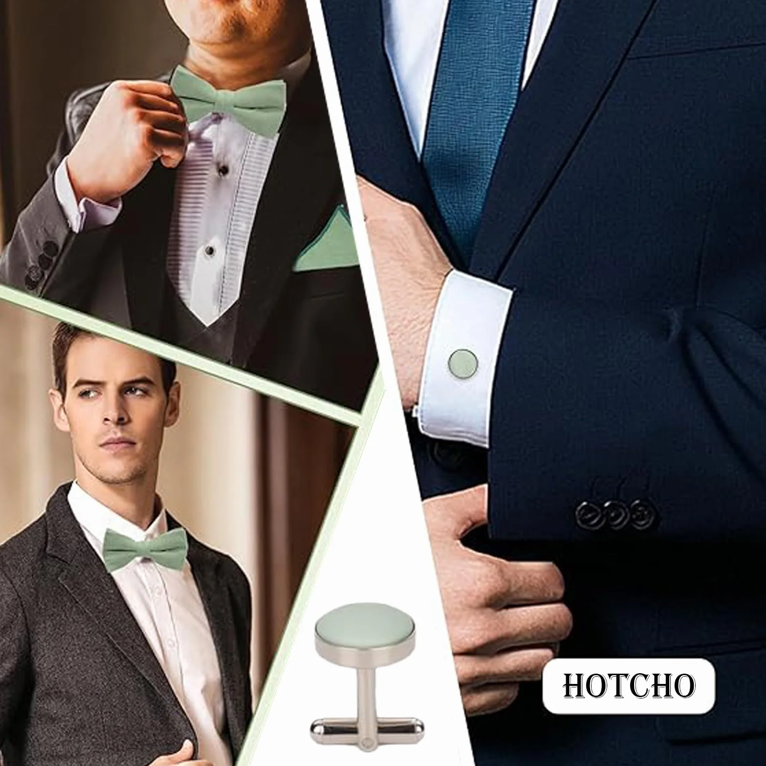 Zestaw muszki męski Zielony z chusteczką i spinkami do mankietów, Eleganckie krawaty dla mężczyzn, Zielona muszka męska na garnitur i ślub, Akcesoria do krawata męskiego Zielony