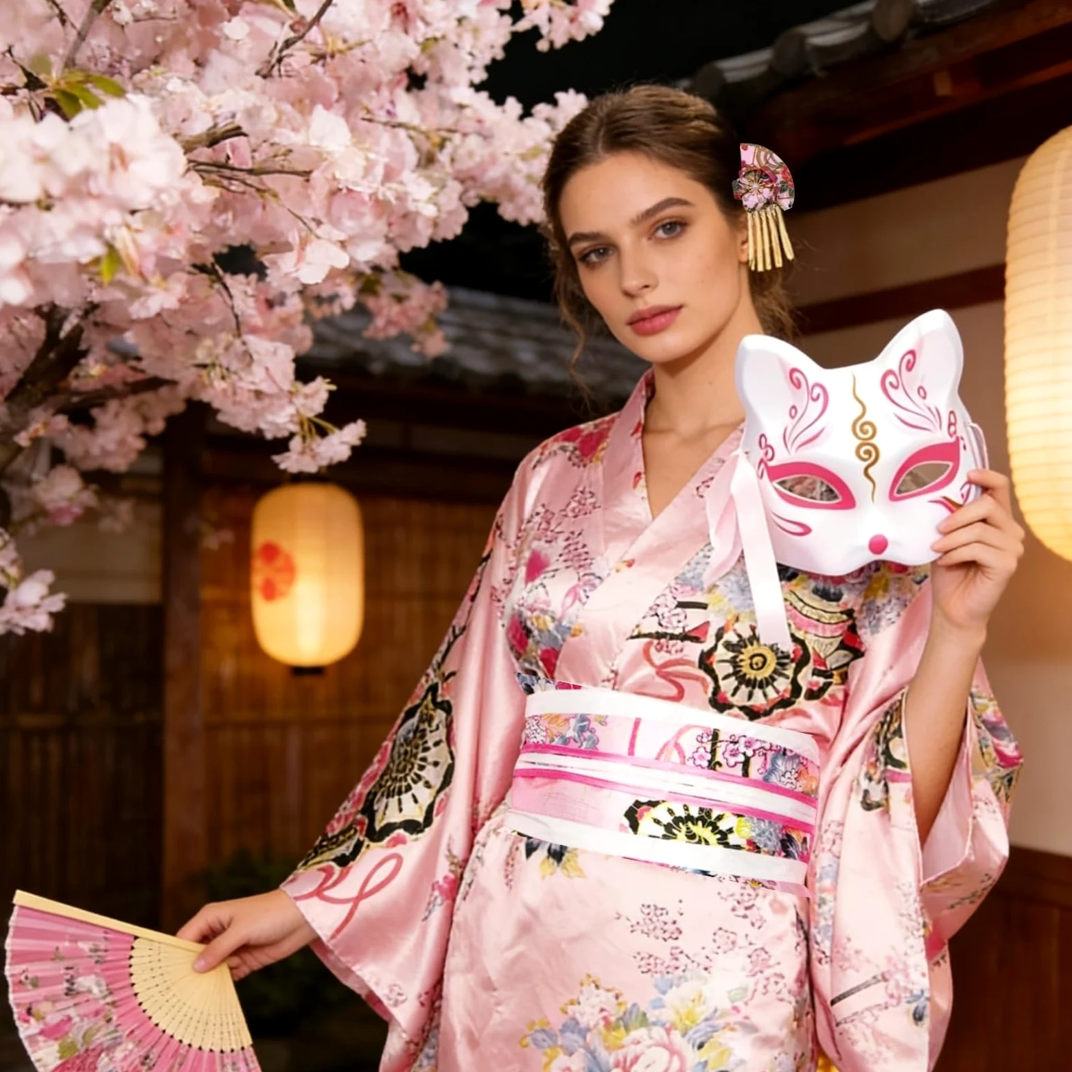 Damska tradycyjna japońska sukienka kimono z nadrukiem kwiatowym z paskiem sukienka japoński szlafrok Yukata kostium cosplay zestaw