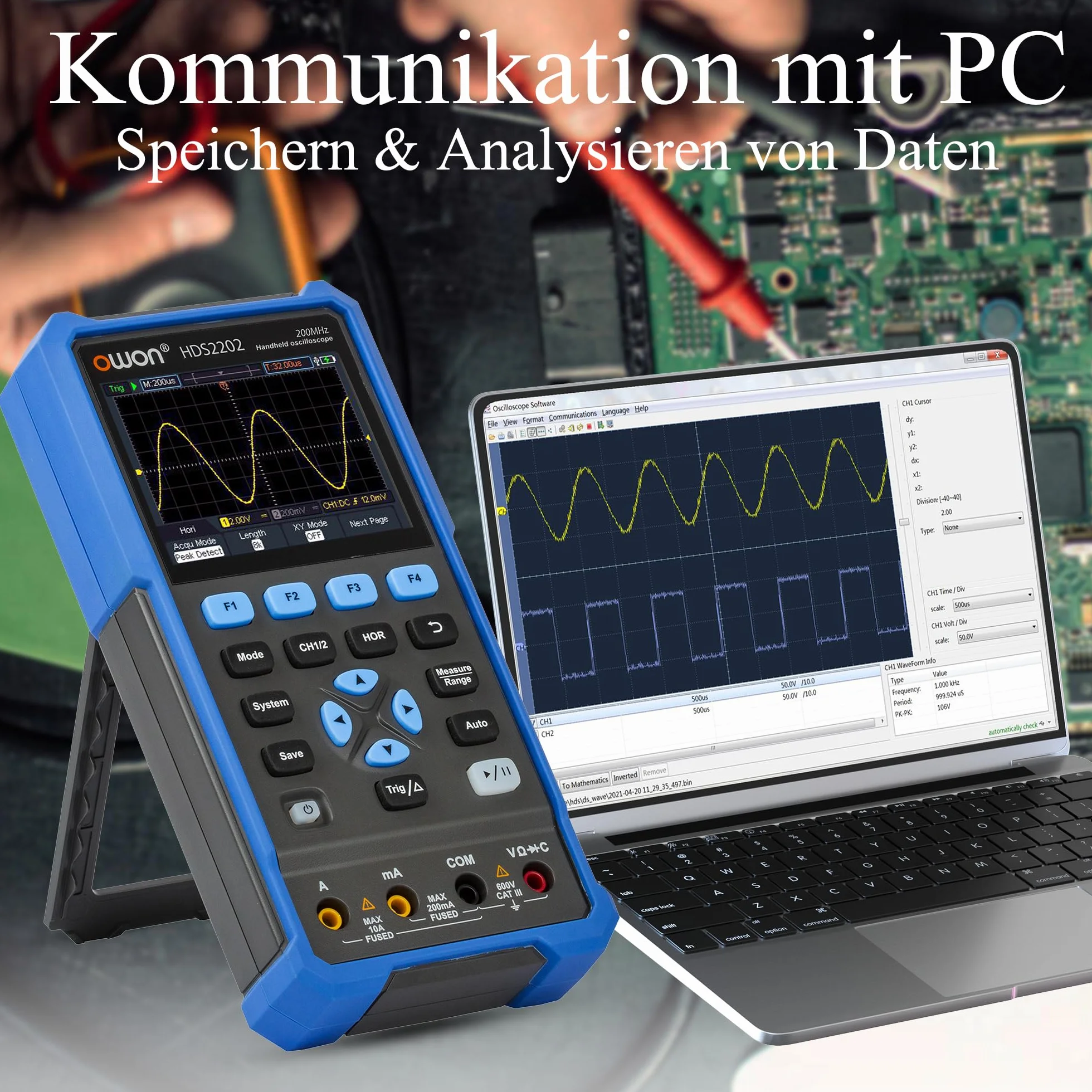 HDS2202 OWON oscyloskop 2 w 1, szerokość pasma 200 MHz, oscyloskop, dwa kanały 1 GSa/s częstotliwość próbkowania z 3,5 cala LCD funkcją automatycznej kalibracji