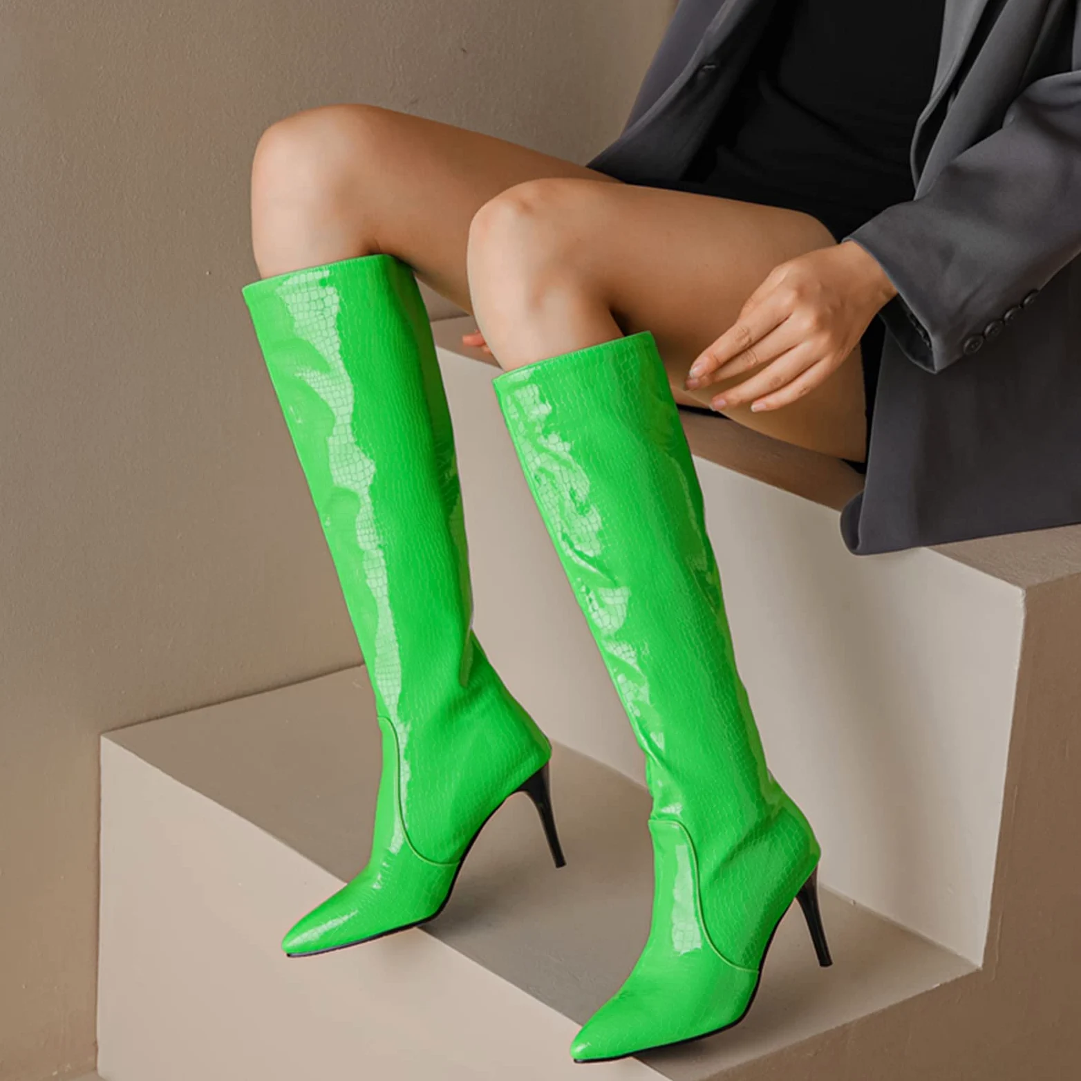CUTEHEELS Damskie jednokolorowe buty na uda wysokie/nad kolanem ze szpilką i szpiczastym noskiem, zielony 3, 45 EU