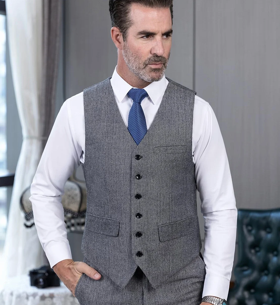 Tuikayoo Męski strój w jodełkę tweed w stylu vintage, kamizelka, wełna, smukły krój, na bal absolwentów