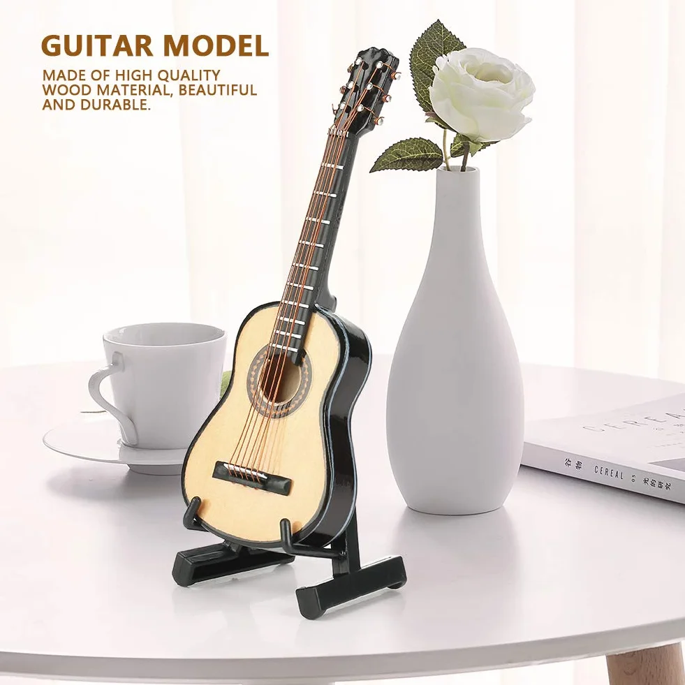Qinlorgo Drewniana miniaturowa gitara ze stojakiem, miniaturowy drewniany model gitary ekspozycja mini ozdoby muzyczne rzemiosło dekoracja domu
