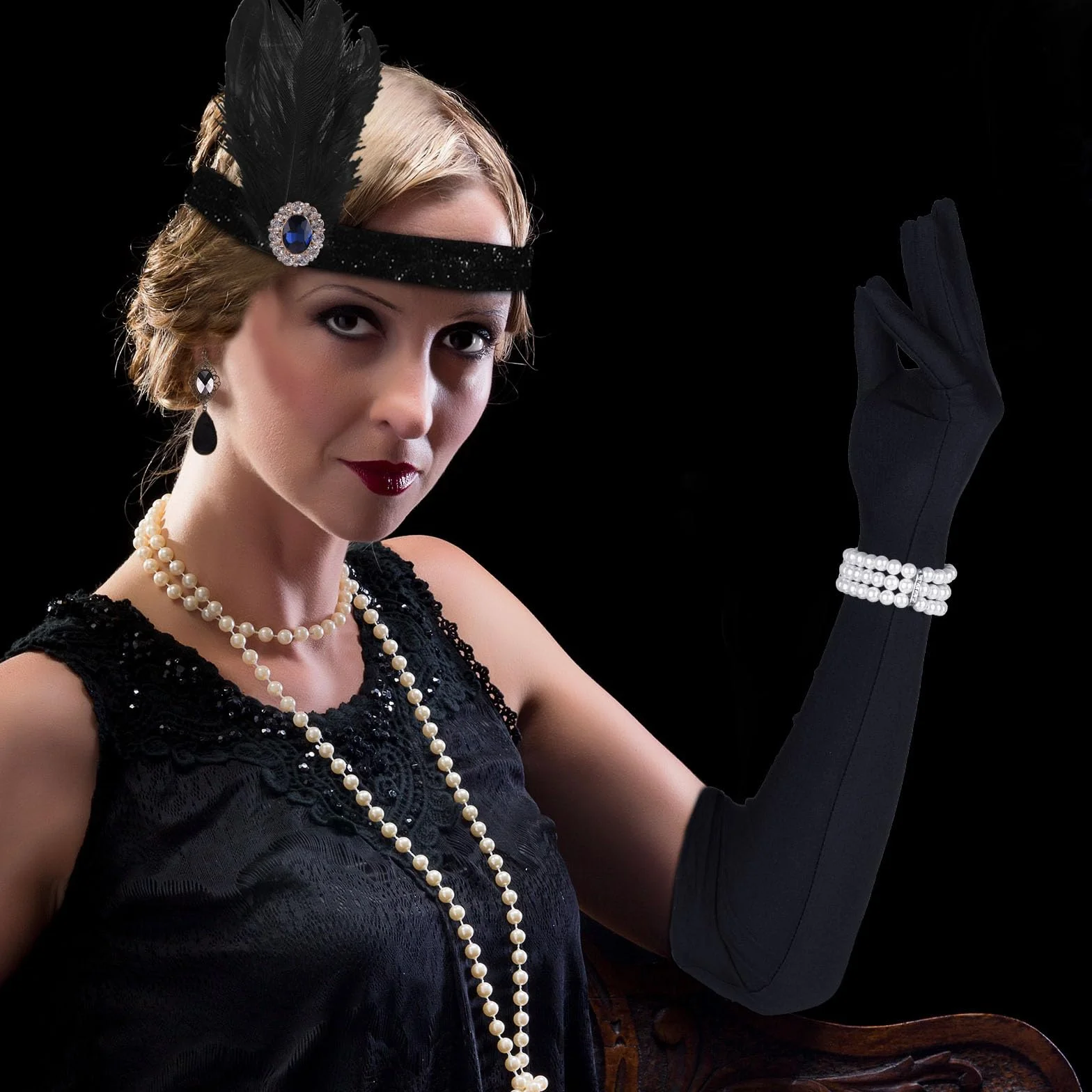 FEPITO zestaw 8 akcesoriów Great Gatsby z piórami, opaska na czoło, długie czarne rękawiczki, naszyjnik, kolczyki dla kobiet