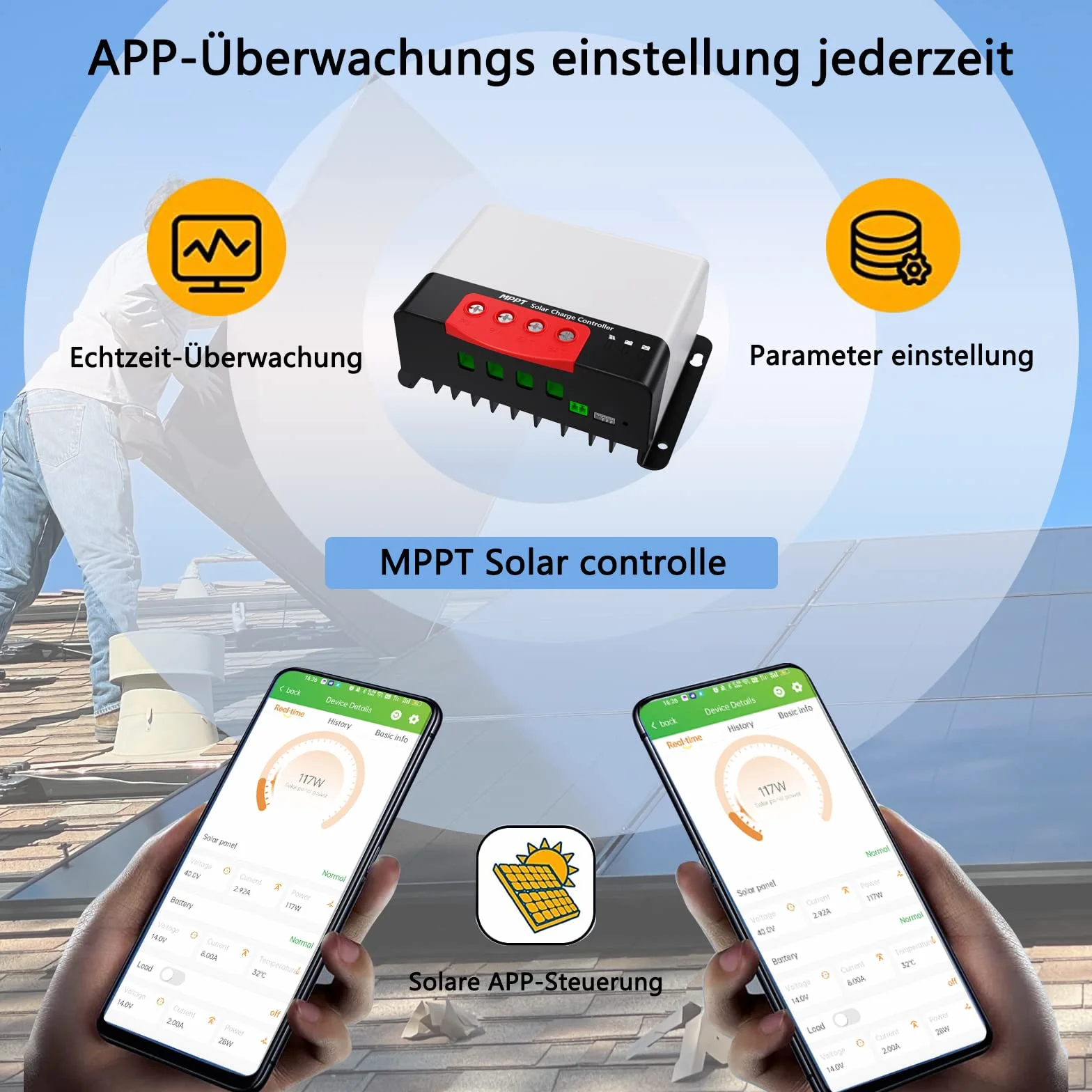 MPPT solarny regulator ładowania 30 A, wbudowany Bluetooth do mobilnej aplikacji, monitorowania i ustawiania, solarny regulator ładowania do AGM żelowy gęsto kwasowy, baterie litowe, do samochodów