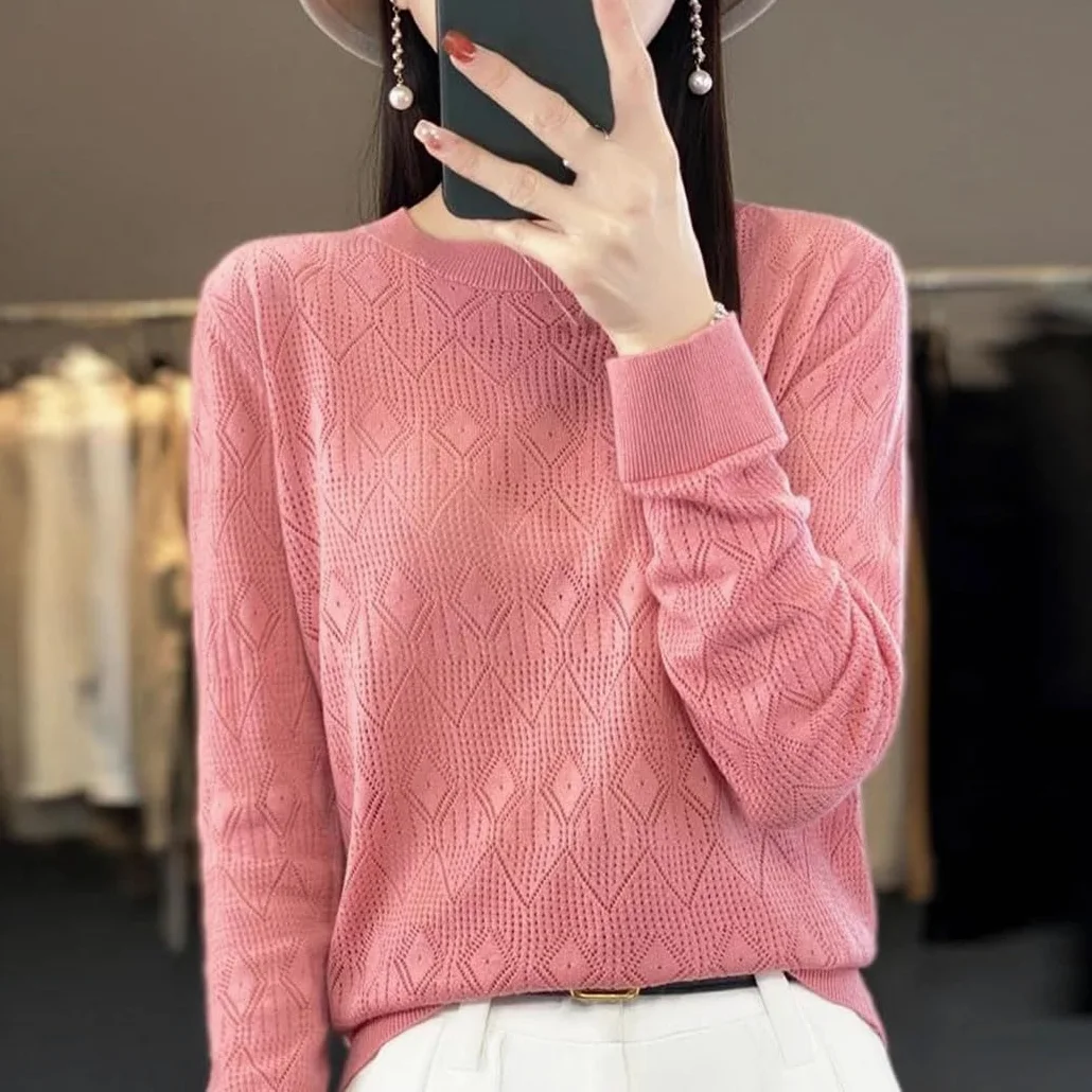 Sweter Damski Z Mieszanki Wełny, Z Okrągłym Dekoltem, Z Geometrycznym Wzorem, Miękki, Swobodny, Luźny, Z Długim Rękawem, Wiosenny-En8-Medium