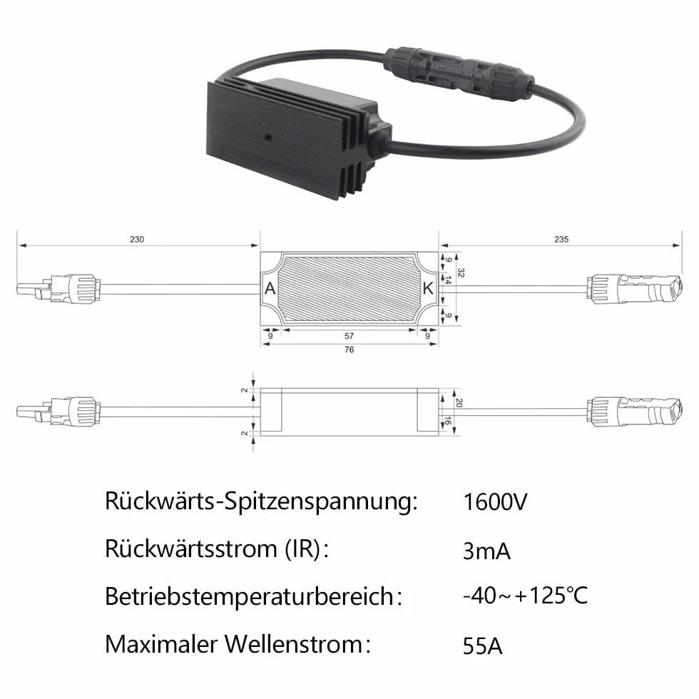 Sayhome 1600 V 55 A Solar DC Anti-Reverse Dioda, dioda solarna z wtyczką IP68 PV do PV Combiner Box i systemu wysokiego napięcia