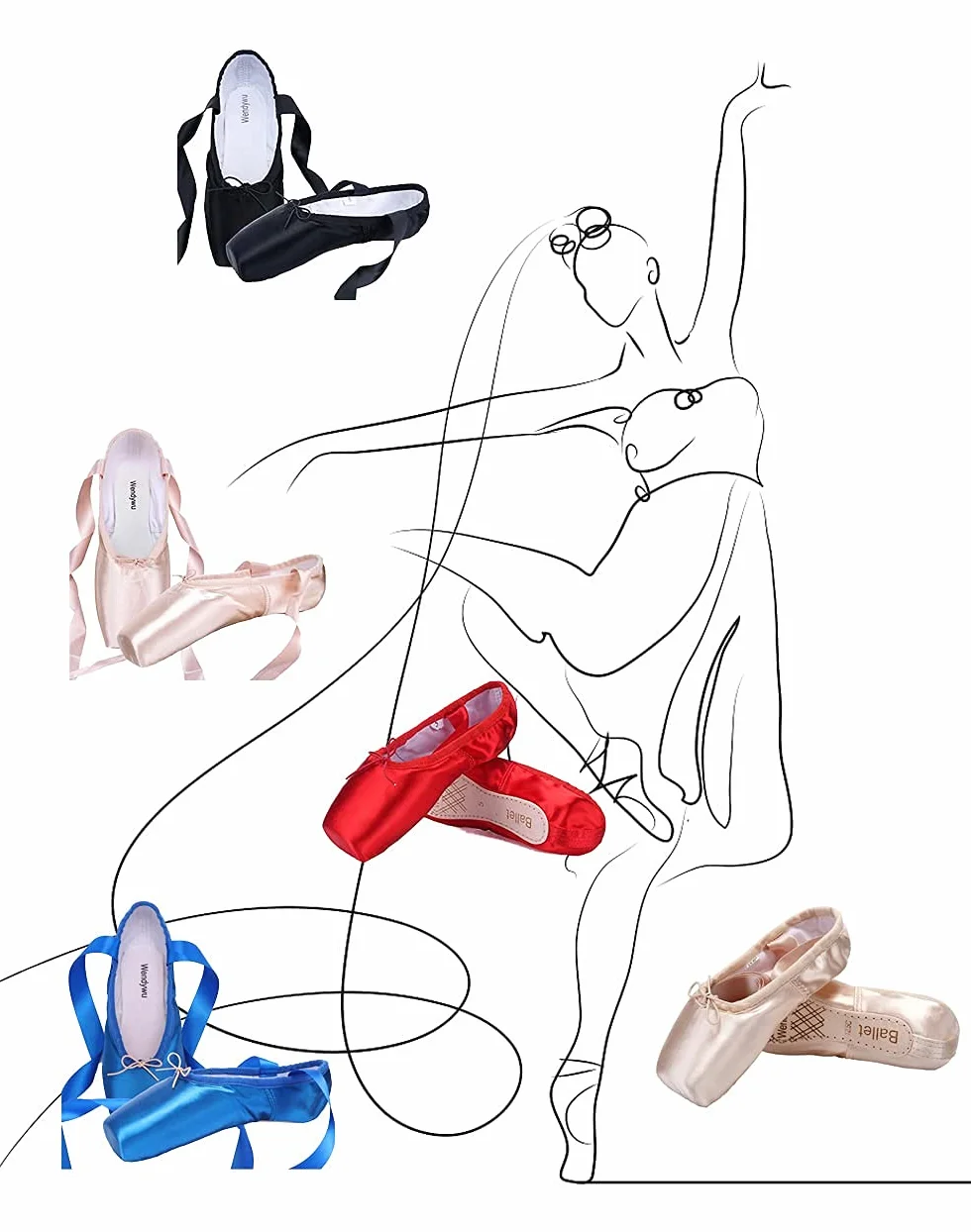Damskie dziewczęce profesjonalne buty do tańca plam czarno-czerwone i różowe baleriny Pointe (z podkładkami na palce i torbą do noszenia) - normalna podeszwa