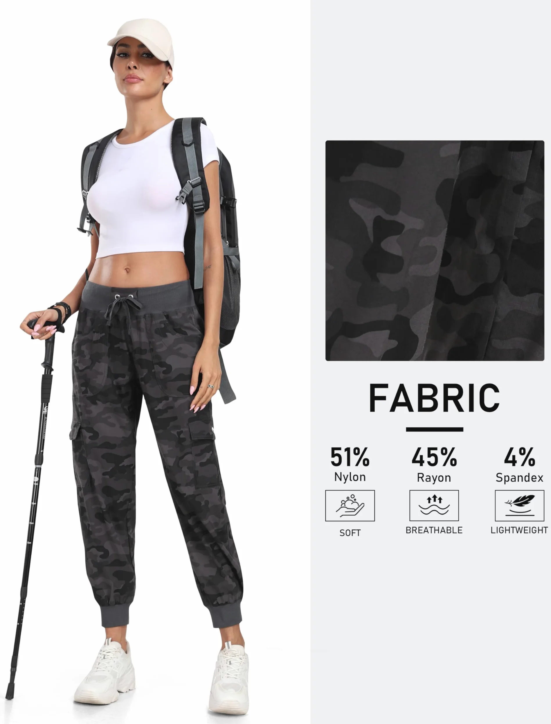 JINSHI Spodnie damskie cargo, długie spodnie Capri, spodnie rekreacyjne, outdoorowe, spodnie do biegania, wysoka talia, ze sznurkiem do ściągania, Tarngrau, M