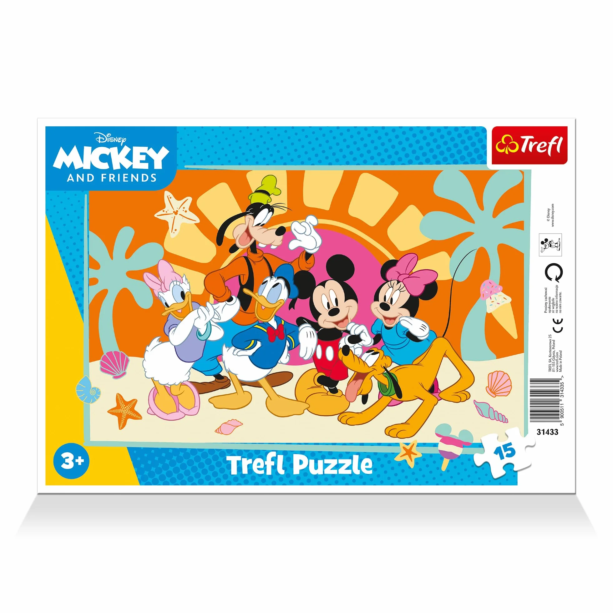 Trefl - Mickey Mouse and Friends, Ciekawski Miki - Puzzle Ramkowe dla Maluchów, 15 Dużych Elementów, Ramka i Sztywna Podkładka, dla Dzieci od 3 lat