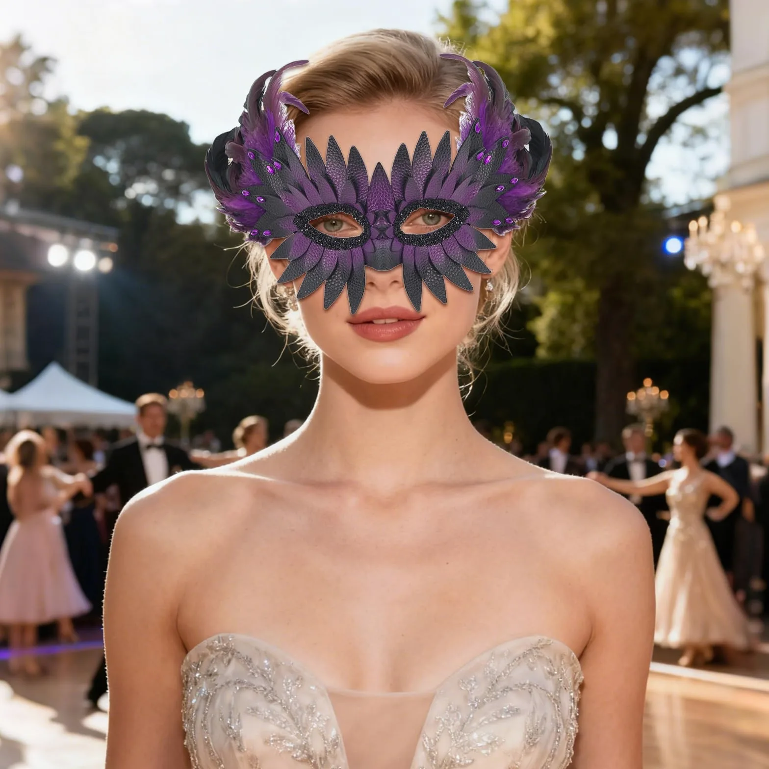 JewelryWe Maska wenecka dla mężczyzn i kobiet, gotycka, skóra PU, sowy, półmaska z piórami/strasem, maska maskowa, maska zwierzęca, maska ptaka, kostium na imprezę tematyczną, karnawał, Halloween
