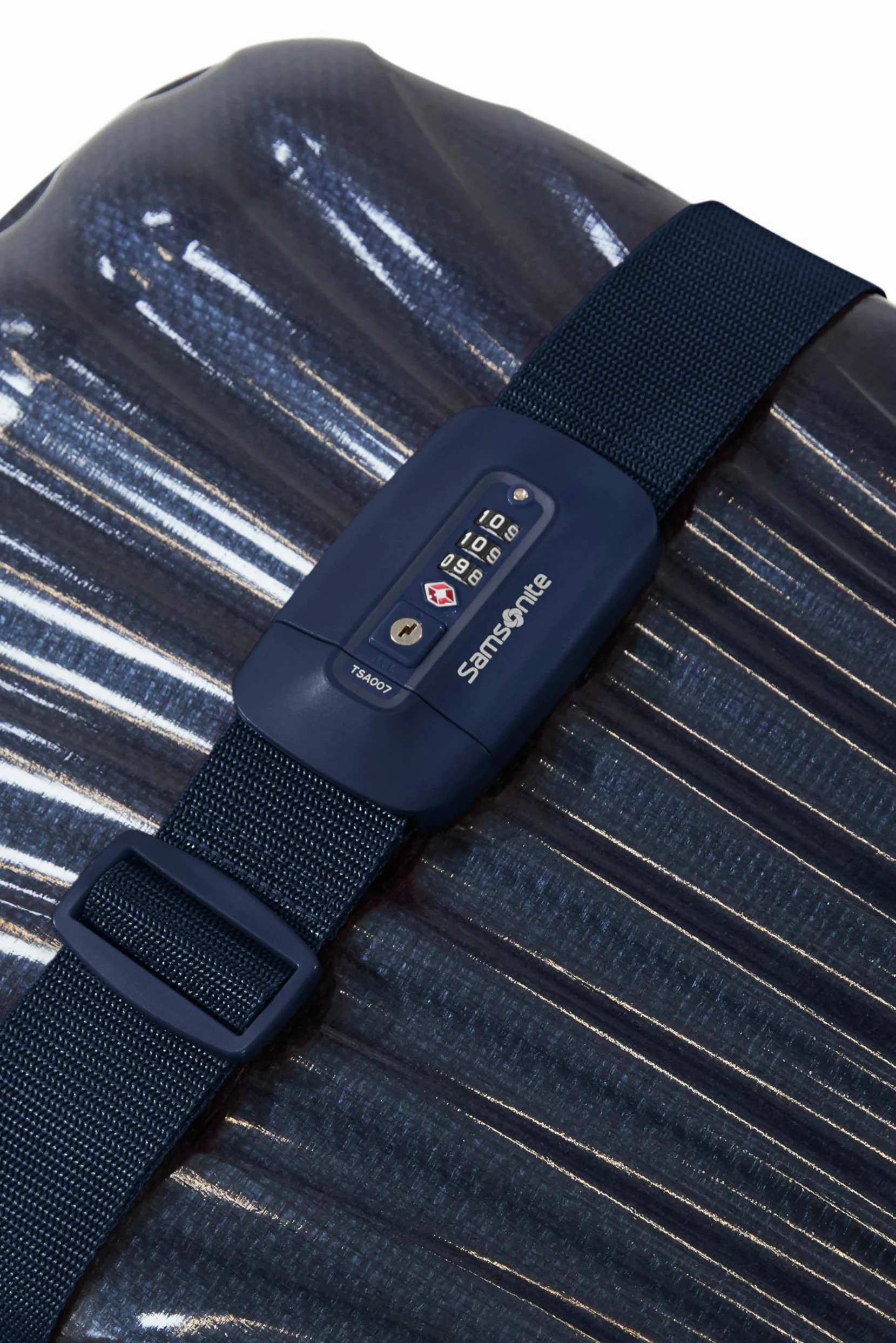 Samsonite TA Revolution – Pas Bagażowy z Zamkiem TSA, Regulowany 50mm, Wytrzymała Klamra, Bezpieczny Pas na Walizkę do Podróży, Niebieski (Midnight Blue)