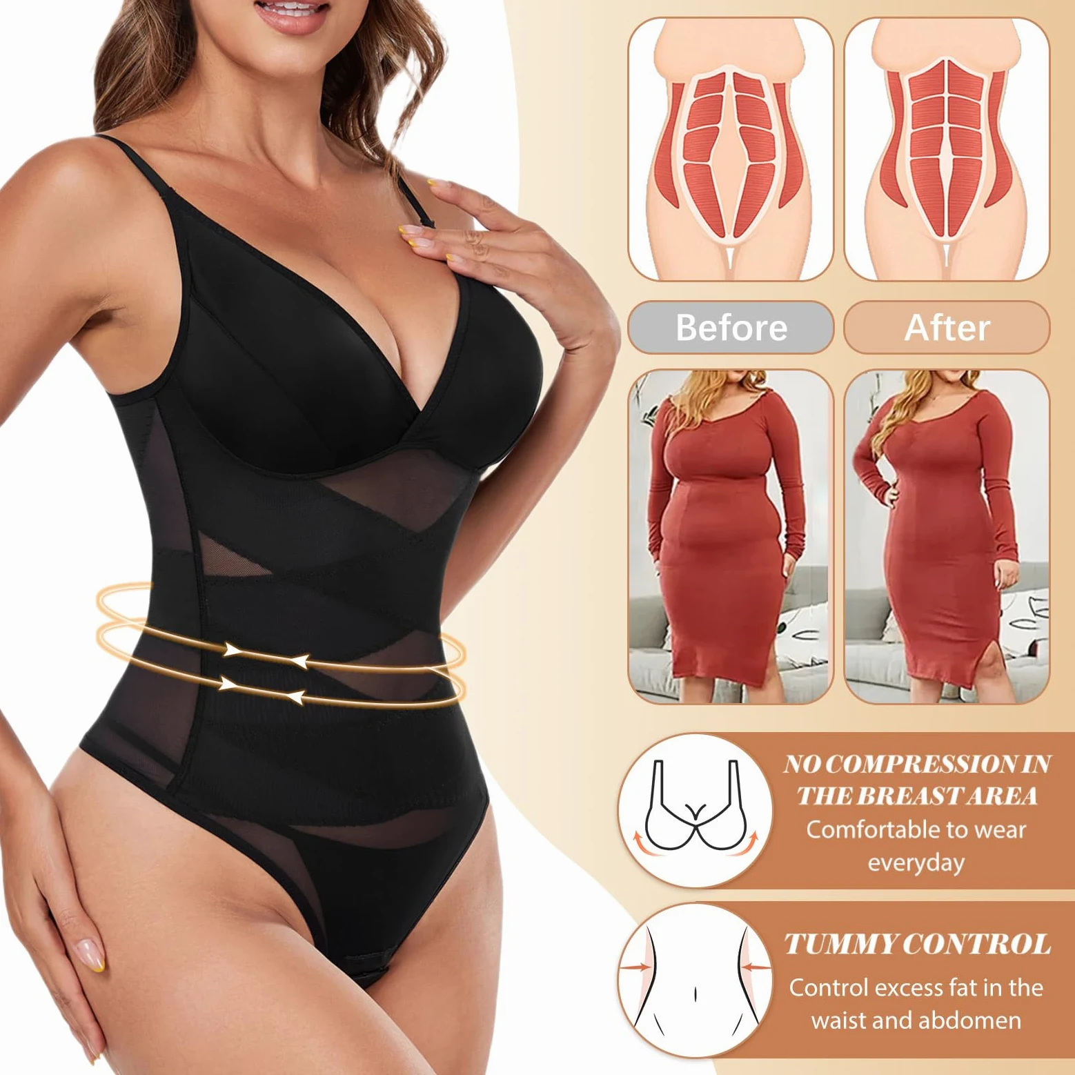 Tuopuda Damskie Body Modelujące Wyszczuplające Brzuch Płaski Brzuch Body Modelujące Ze Stringami Body Wyszczuplające Szykowny Elegancki Pasek Spaghetti Bielizna Top