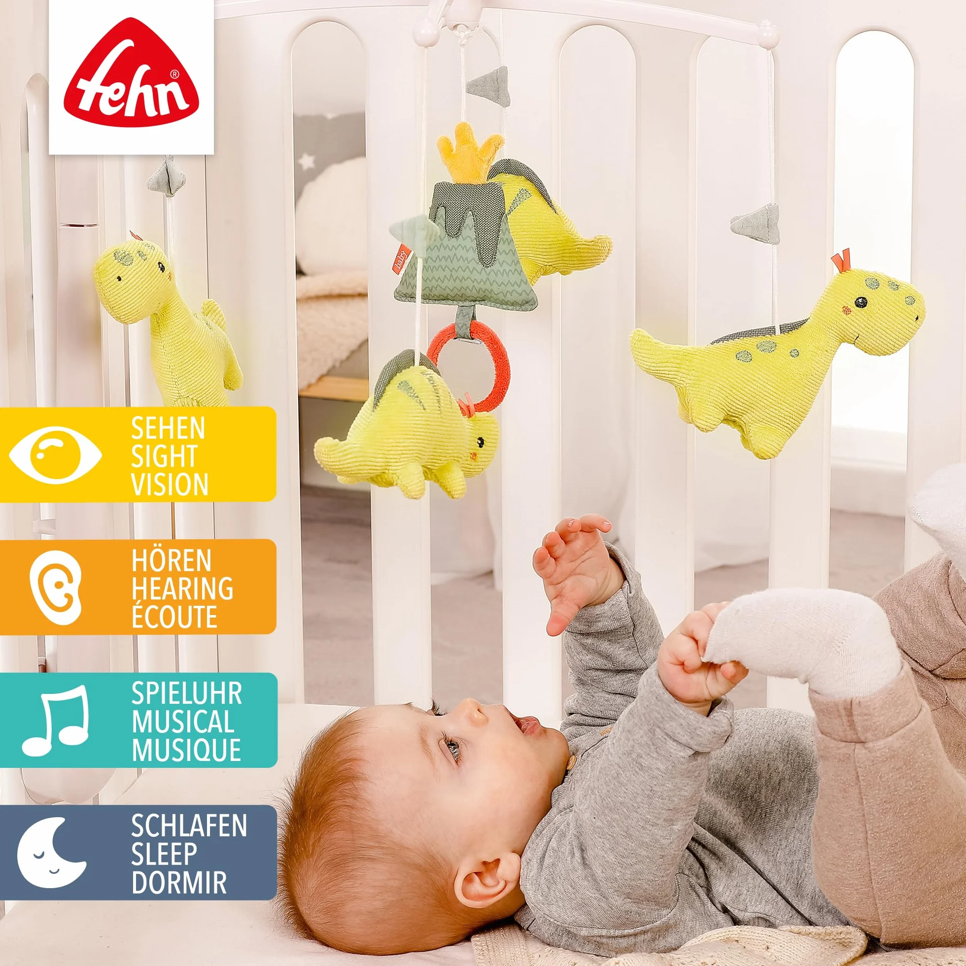 Fehn Musik-Mobile Happy Dino – Aufzieh-Mobile mit Spieluhr-Melodie „Brahms Wiegenlied“ und Figuren zur Beruhigung & Beschäftigung – Mit Bett-Befestigung für Babys von 0-5 Monaten